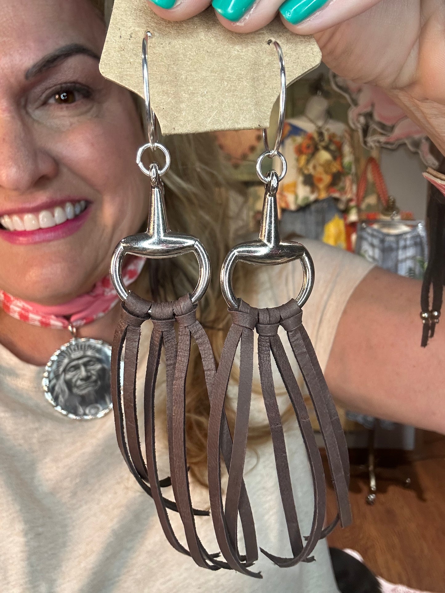 Silver with Brown Leather Horse Bit Earrings on Hoops