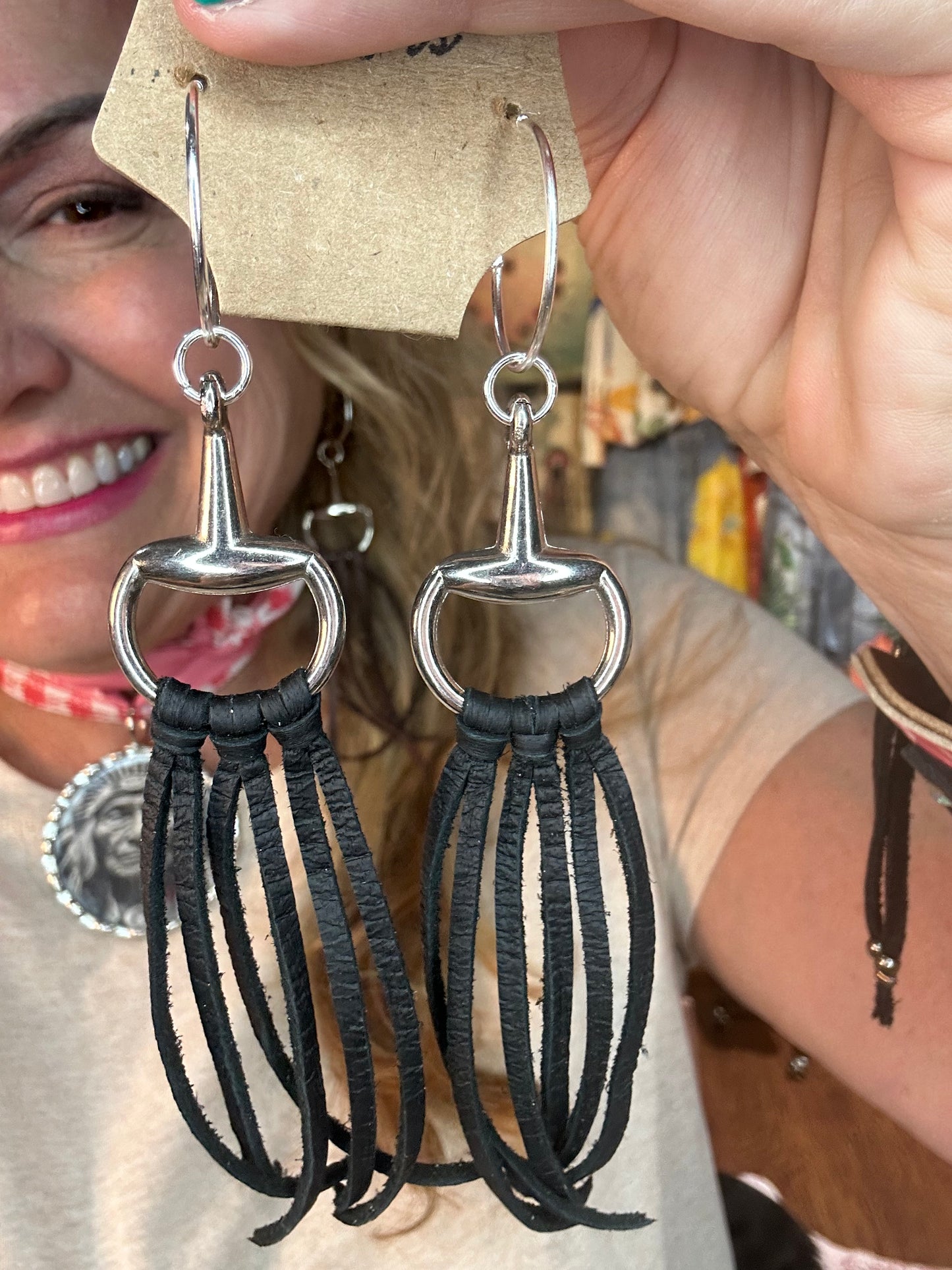 Silver with Black Leather Horse Bit Earrings on Hoops