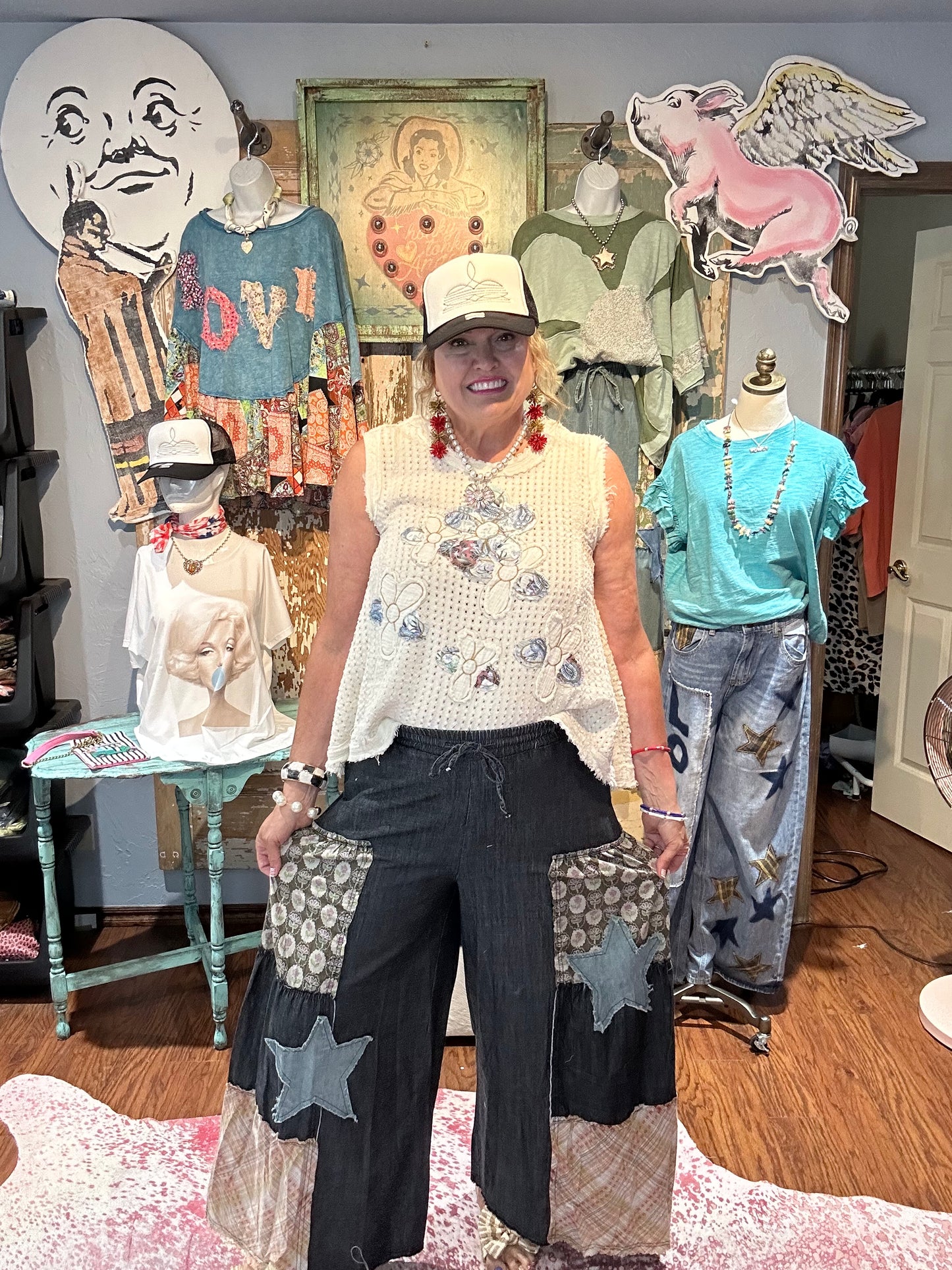 Patchwork Star Palazzo Pants Black Denim