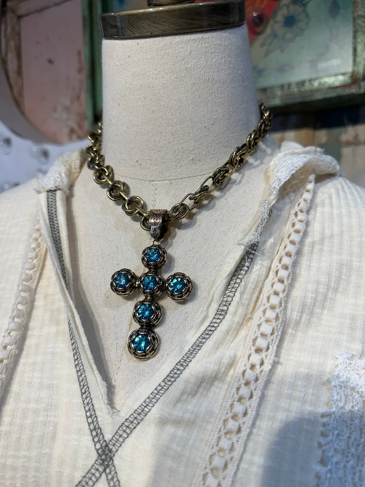 Inspired Gold & Blue Crystal Cross Necklace