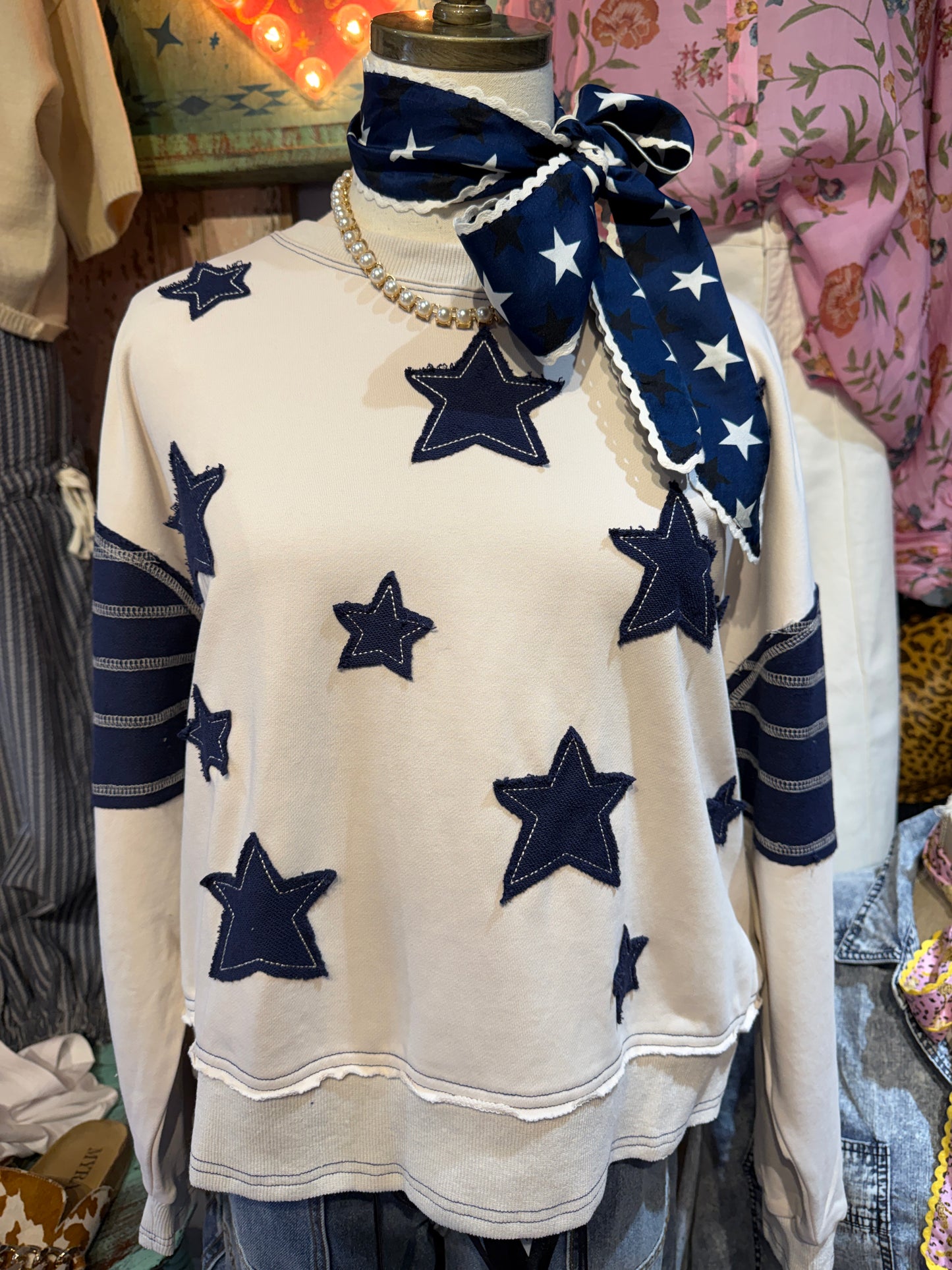 Star Patch Long Sleeve Pullover Midnight Cream