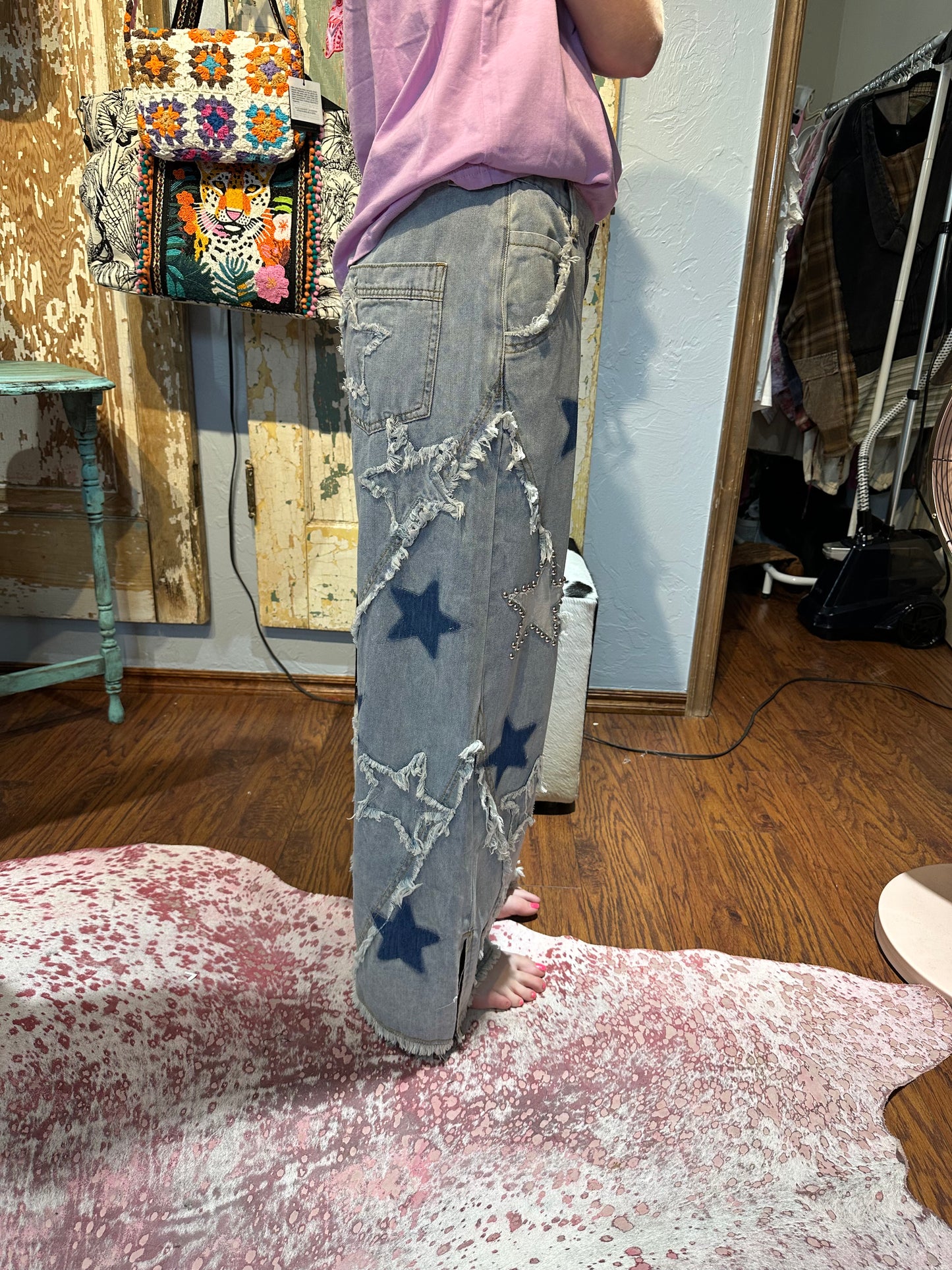 Star Stud Patchwork Denim Pants
