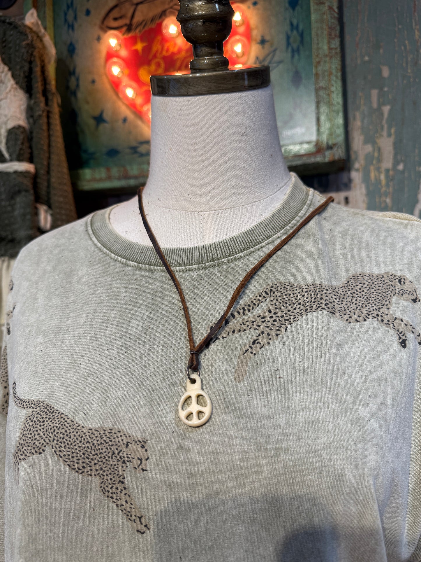 Peace Sign Hand Carved Vintage Mahjong Tile Necklace