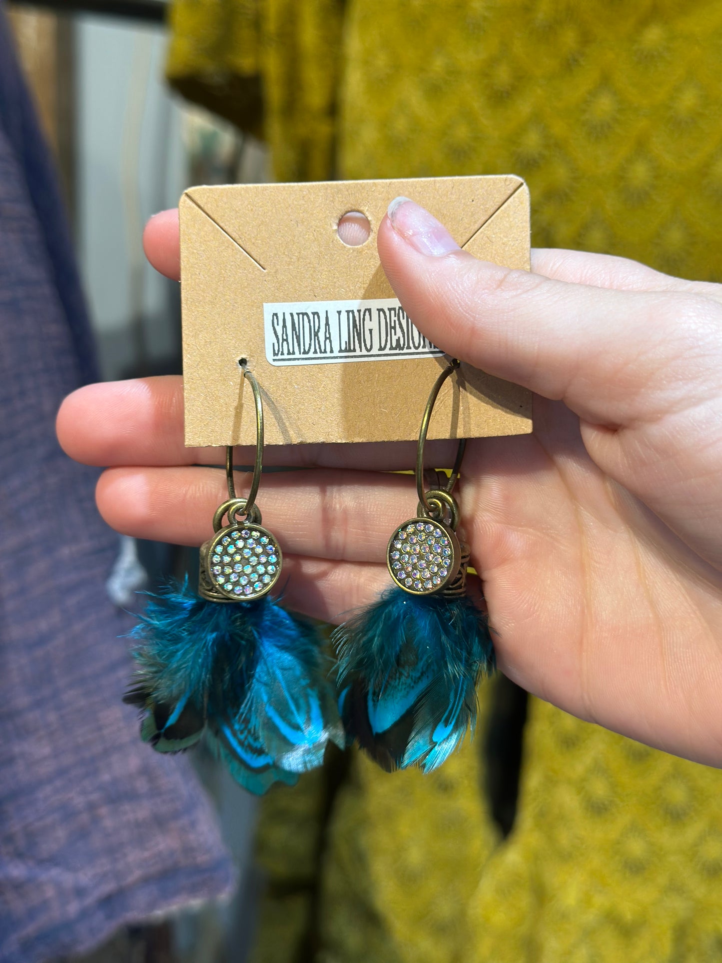 Sandra Ling Turquoise & Crystal Feather Earrings