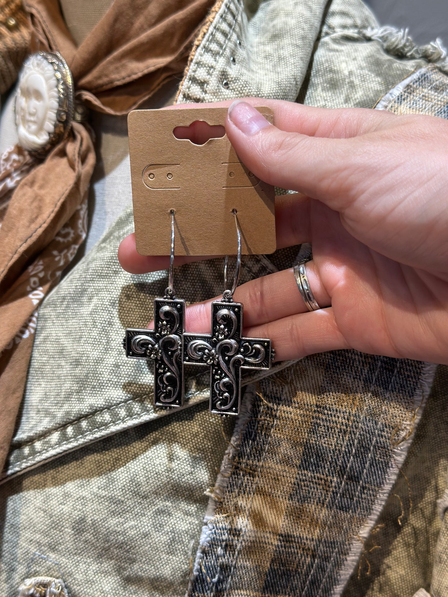 Inspired Silver Scrolled Cross Earrings