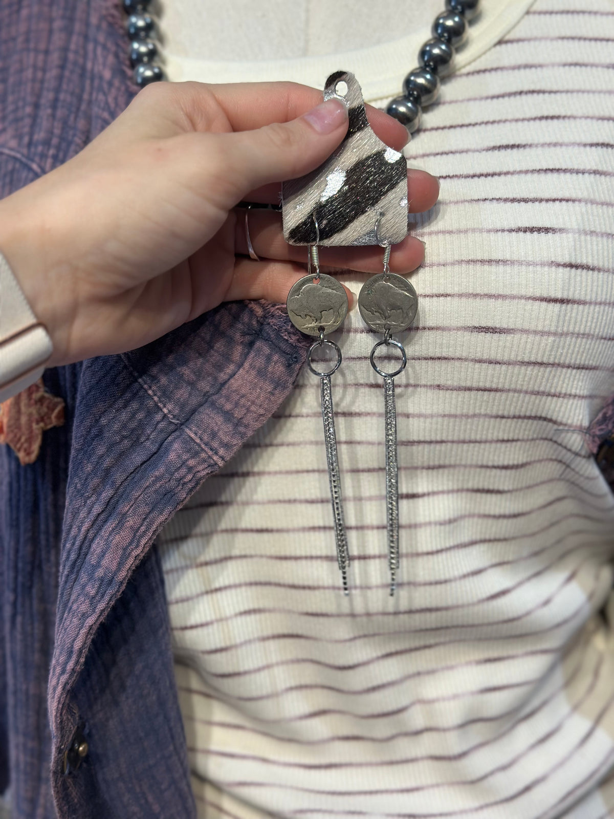 Sandra Ling Silver Bling & Buffalo Coin Earrings