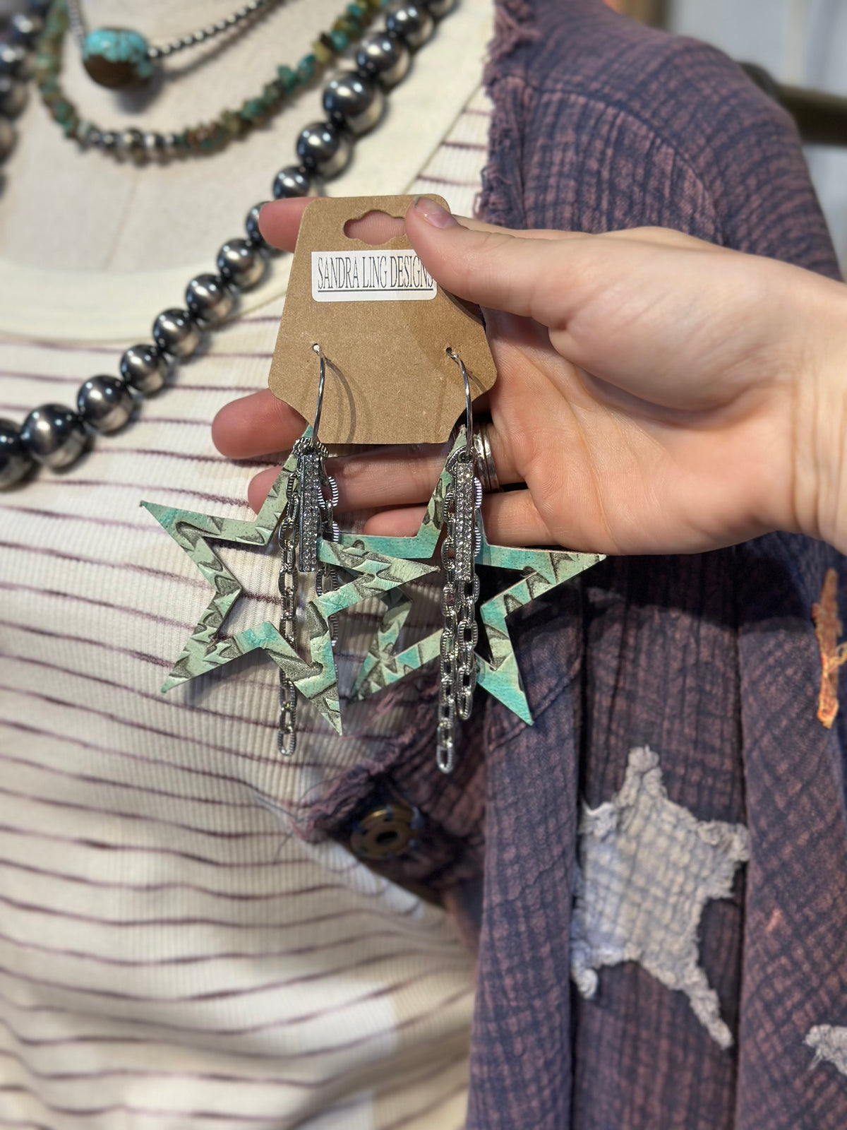 Sandra Ling Turquoise Leather Star Earrings