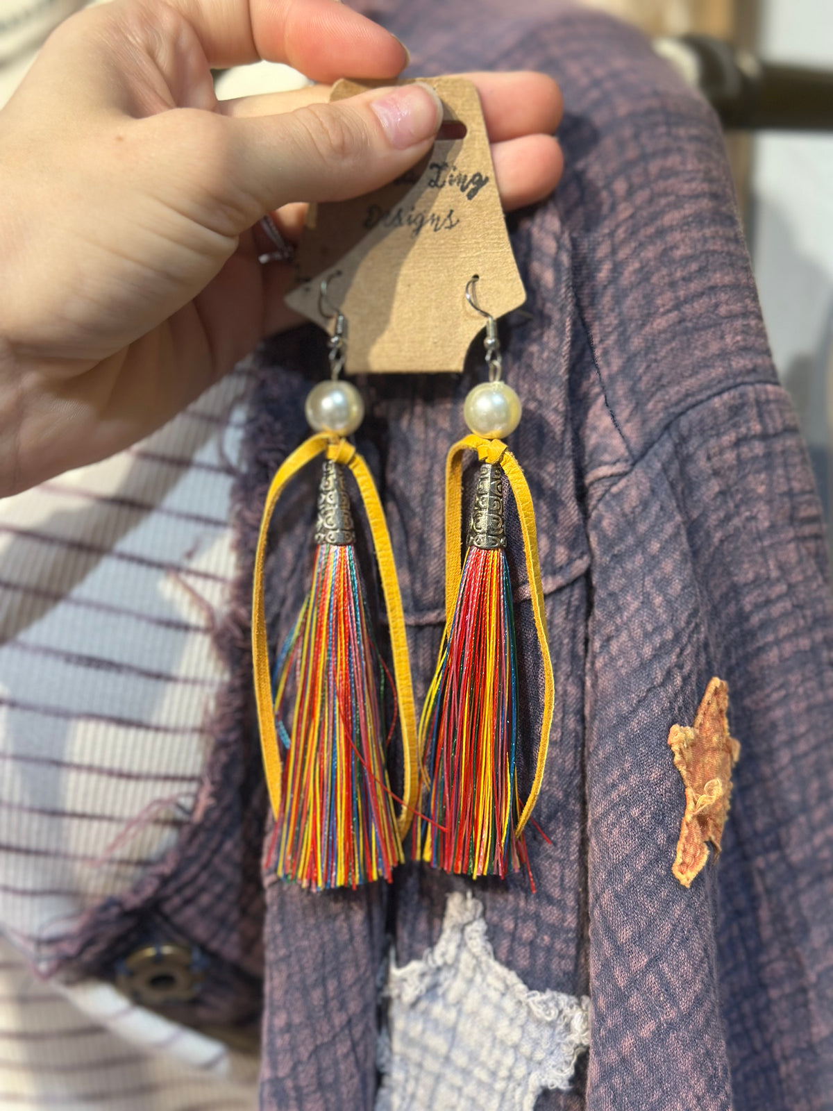 Sandra Ling Yellow Leather & Fringe Earrings