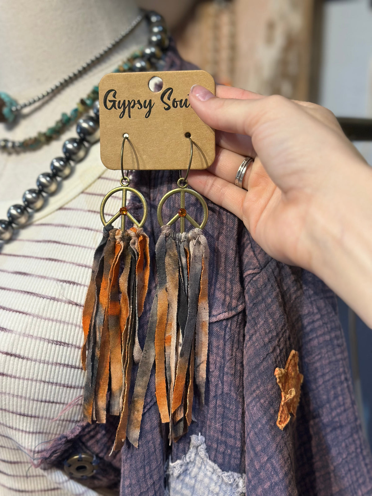 Gypsy South Orange Fringe Peace Earrings