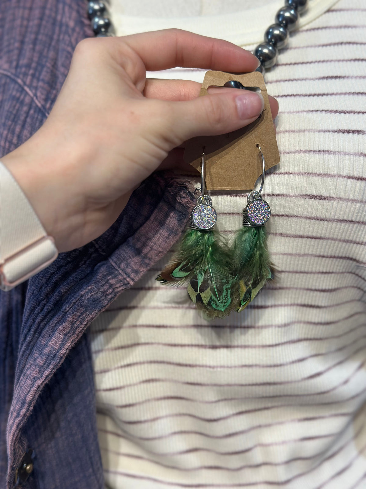 Sandra Ling Green Feather Earrings
