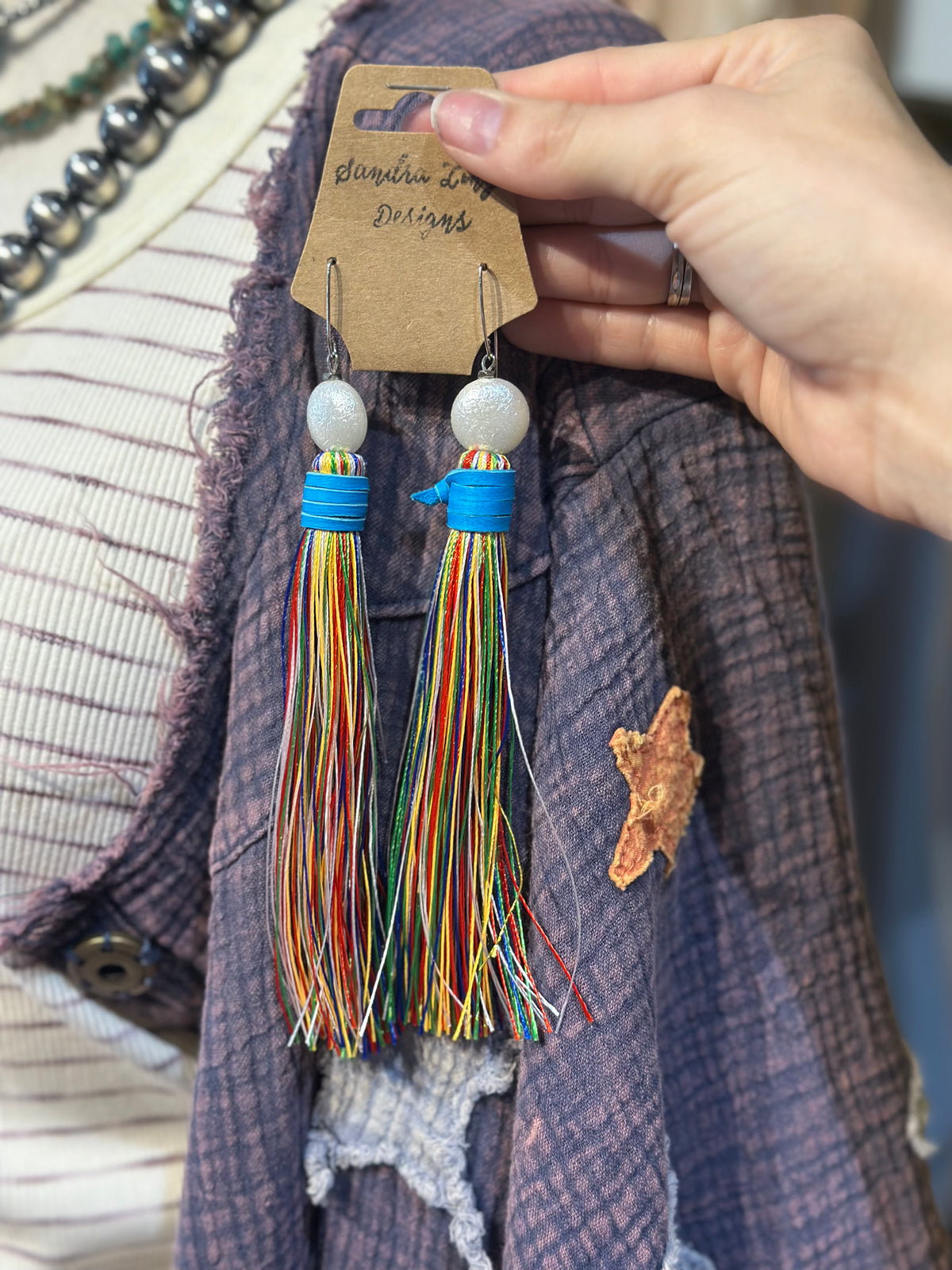 Sandra Ling Blue Leather Thread Earrings