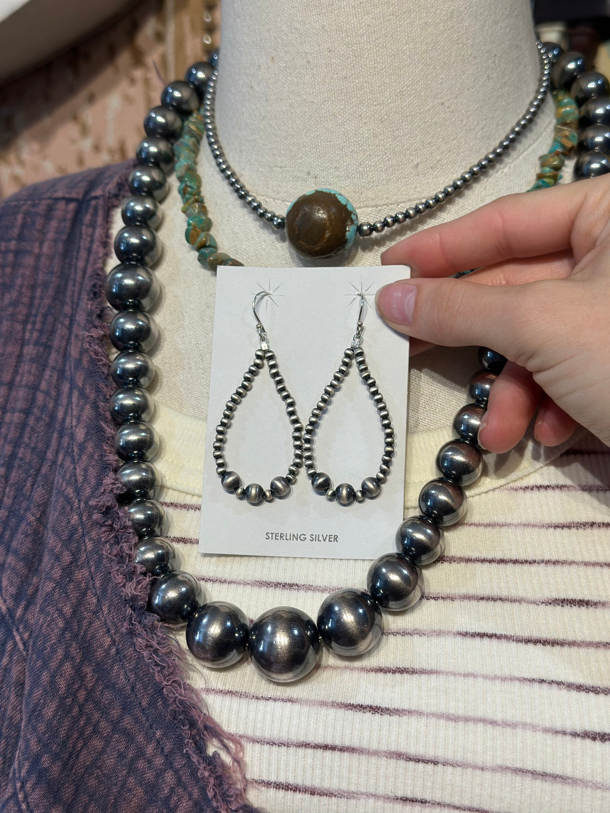 Navajo Sterling Silver Graduated Pearl Teardrop Earrings
