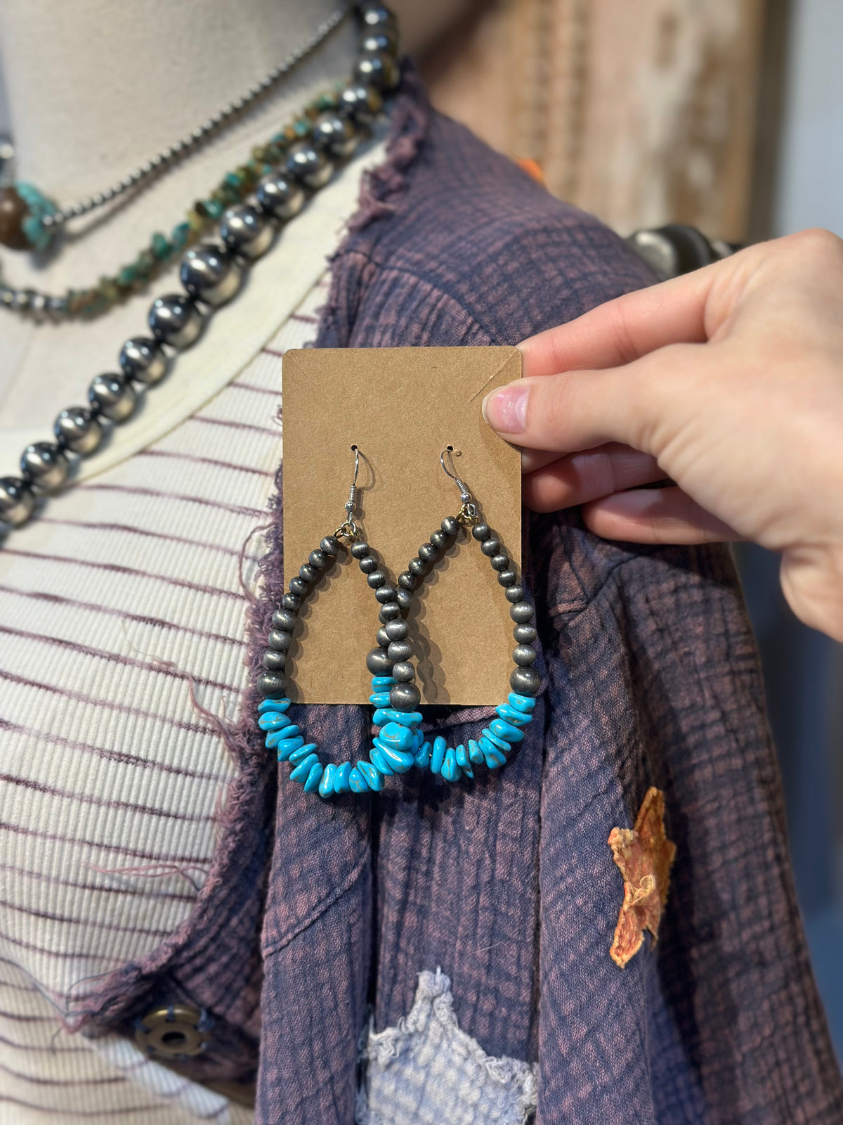 Inspired Silver Pearl & Turquoise Chip Earriings
