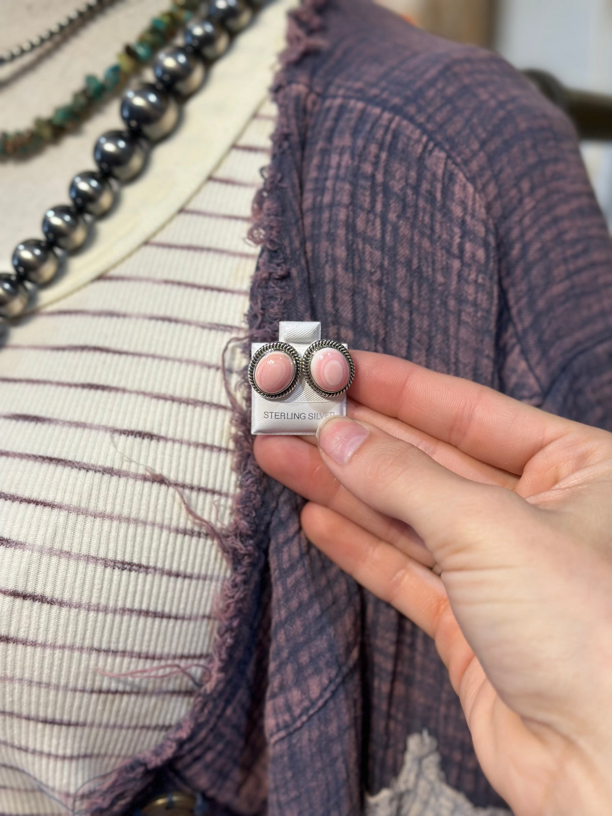 Navajo Sterling Silver & Pink Conch Studs