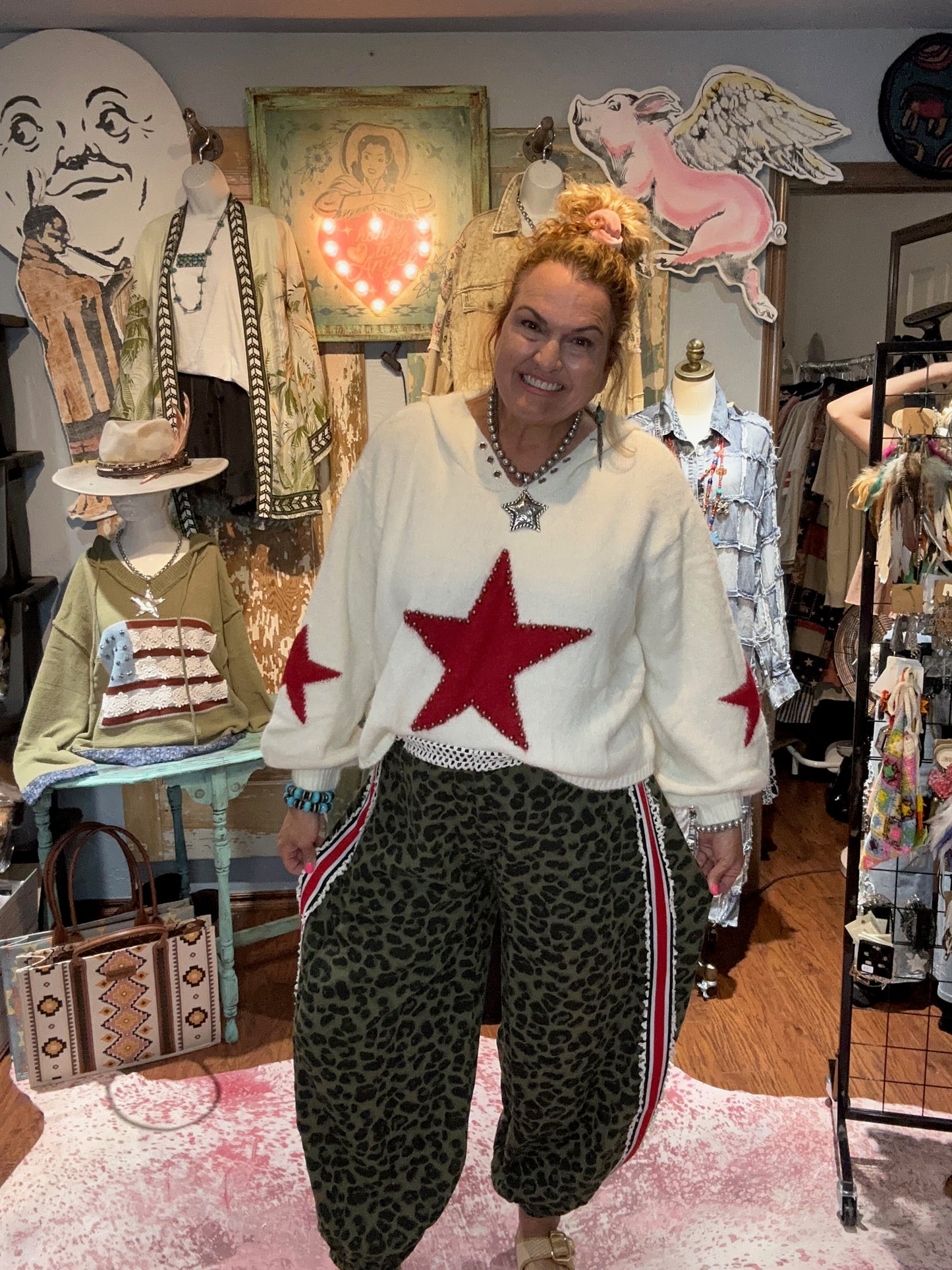 Studded Star Balloon Sleeve Hoodie Powder Cream