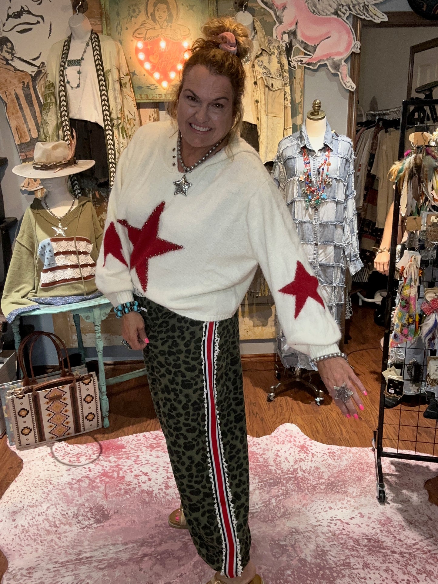 Olive Leopard Jogger Pants with Red Stripe