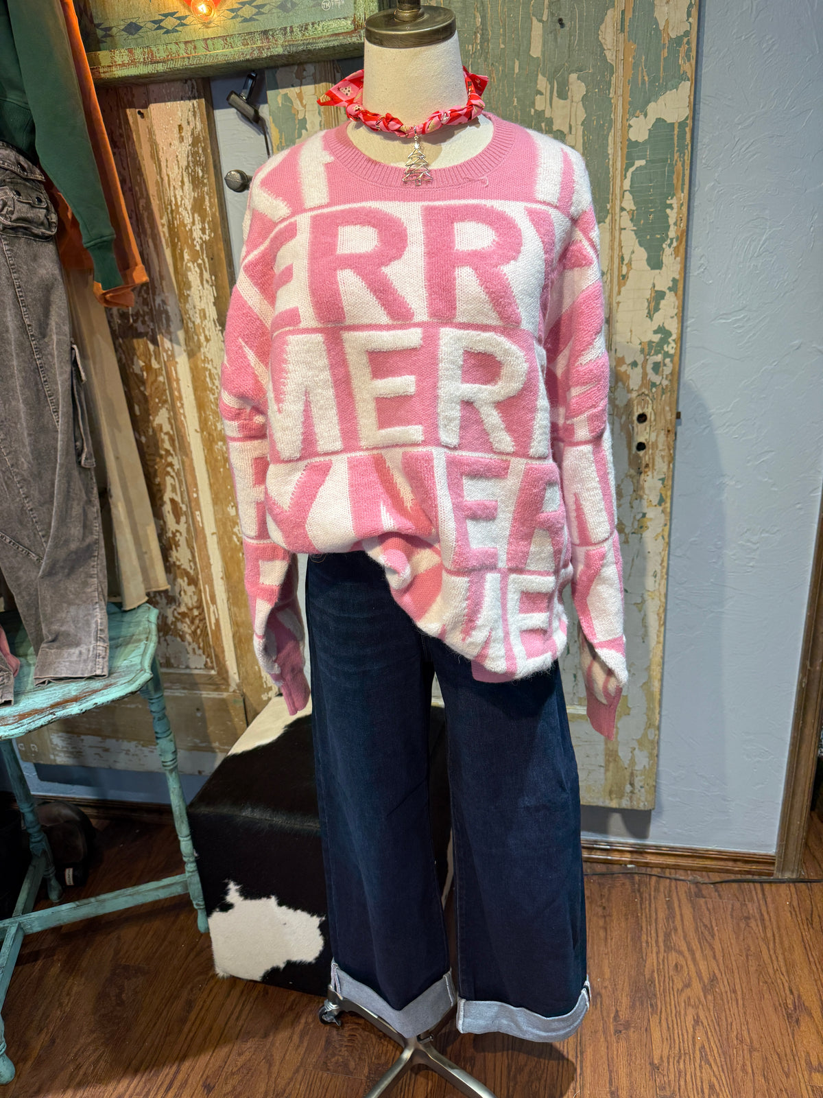 Pink Merry 3D Yarn Pullover Christmas Sweater