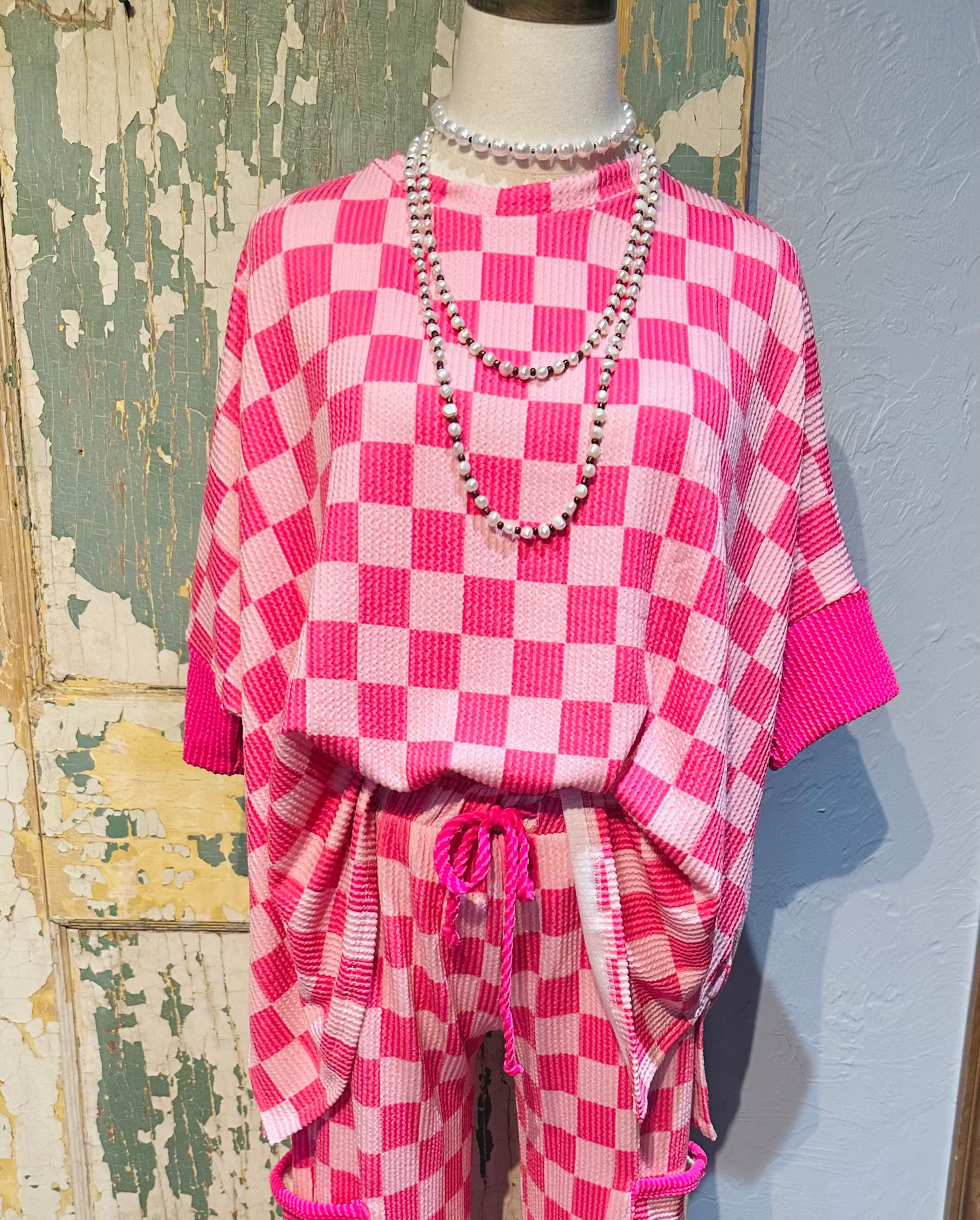 Pink Checkered Short Sleeve Top