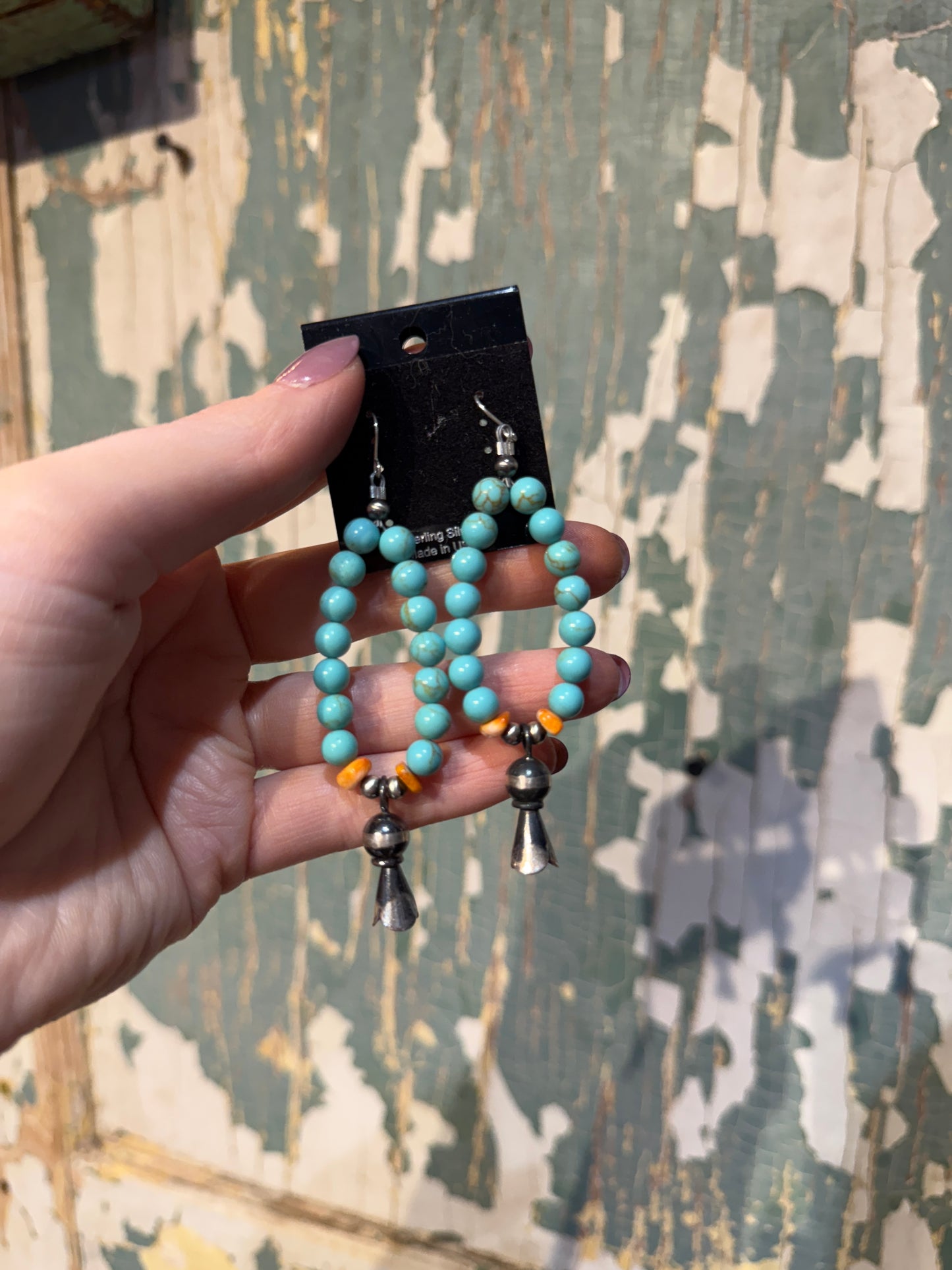 Navajo Made Spiny Oyster and Turquoise Sterling Silver Blossom Earrings