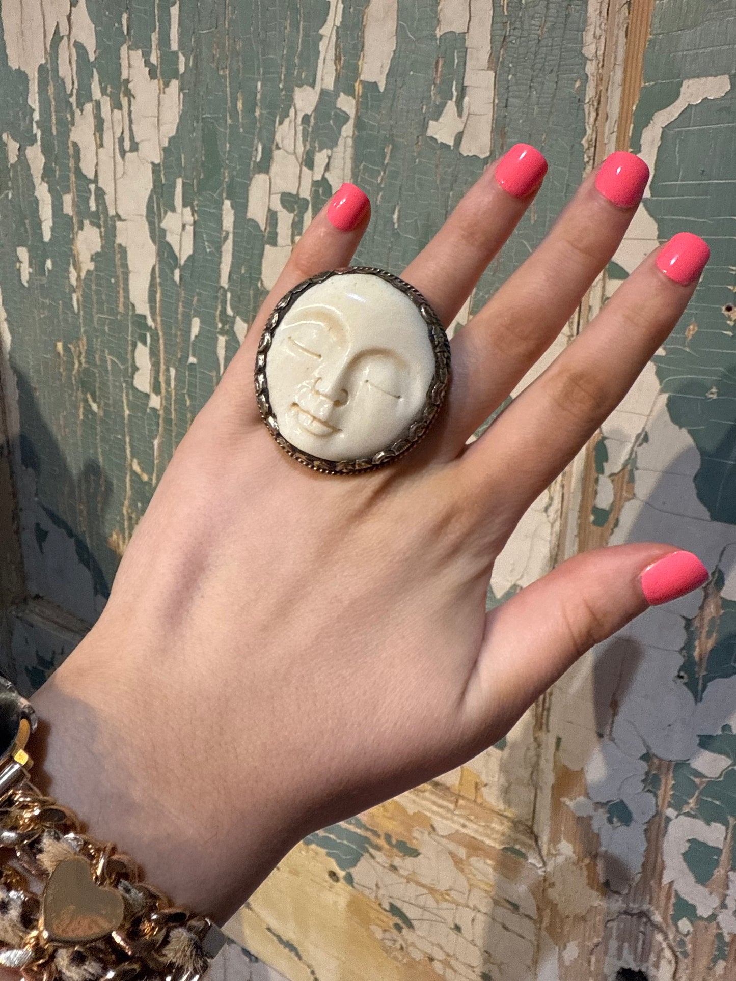 Tibetan Bone Full Moon Adjustable Ring