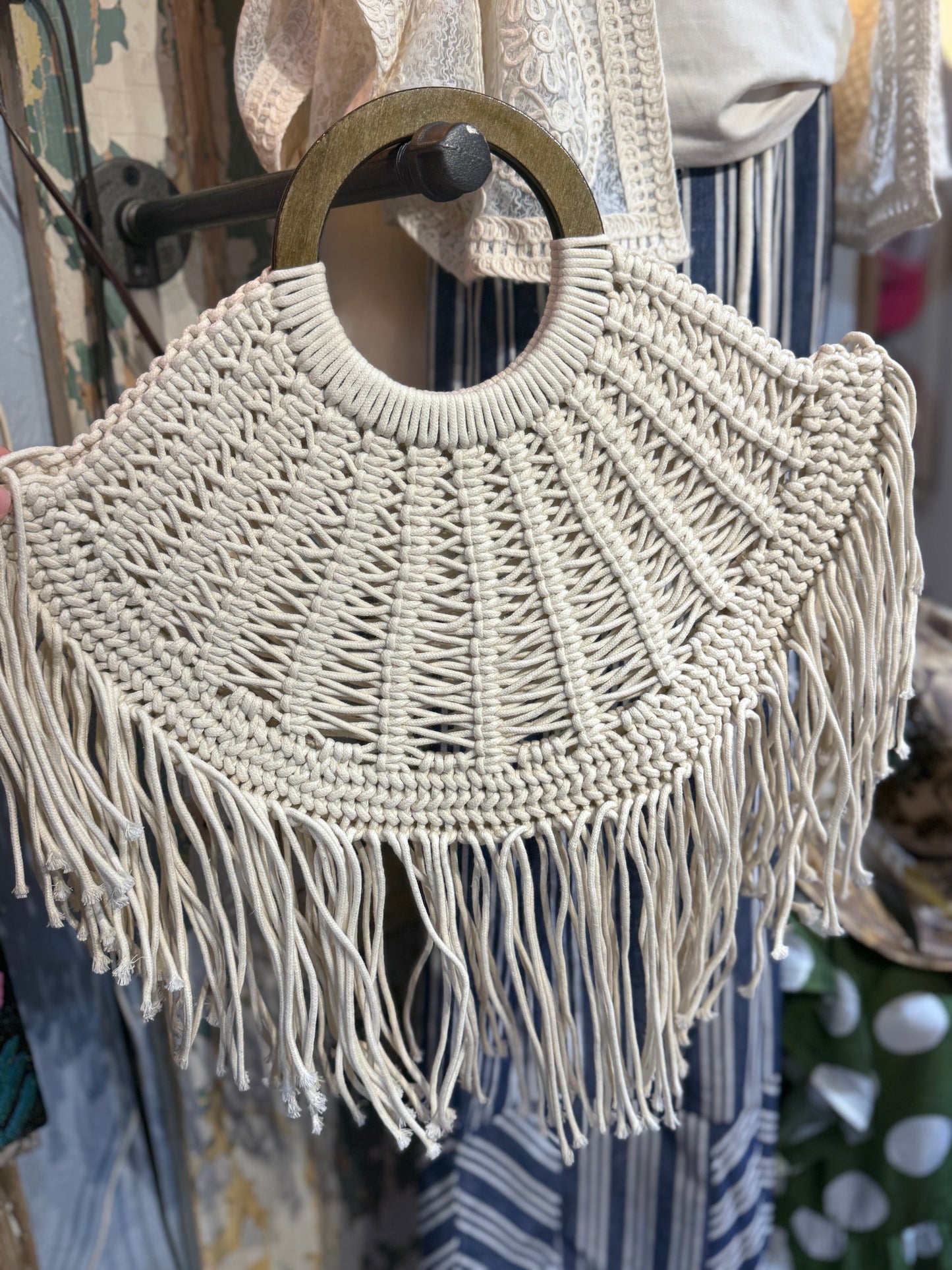 Cream Boho Fringe Macrame Bag