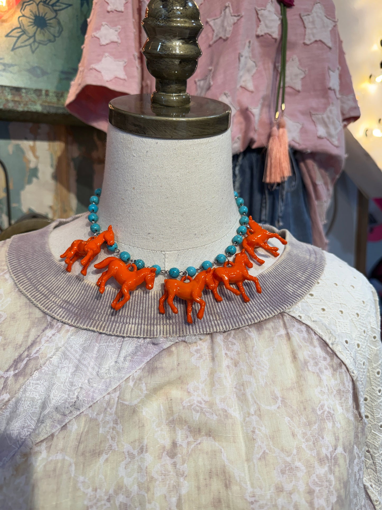 Orange Horses on Inspired Turquoise Bead Necklace
