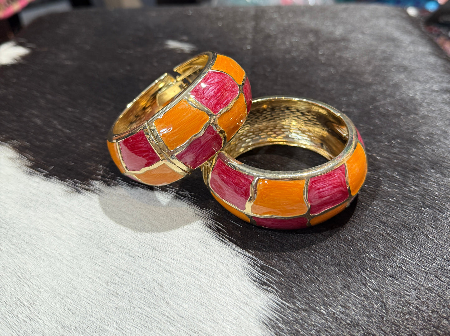 Pink and Orange Checkered Magnetic Hinge Bracelet