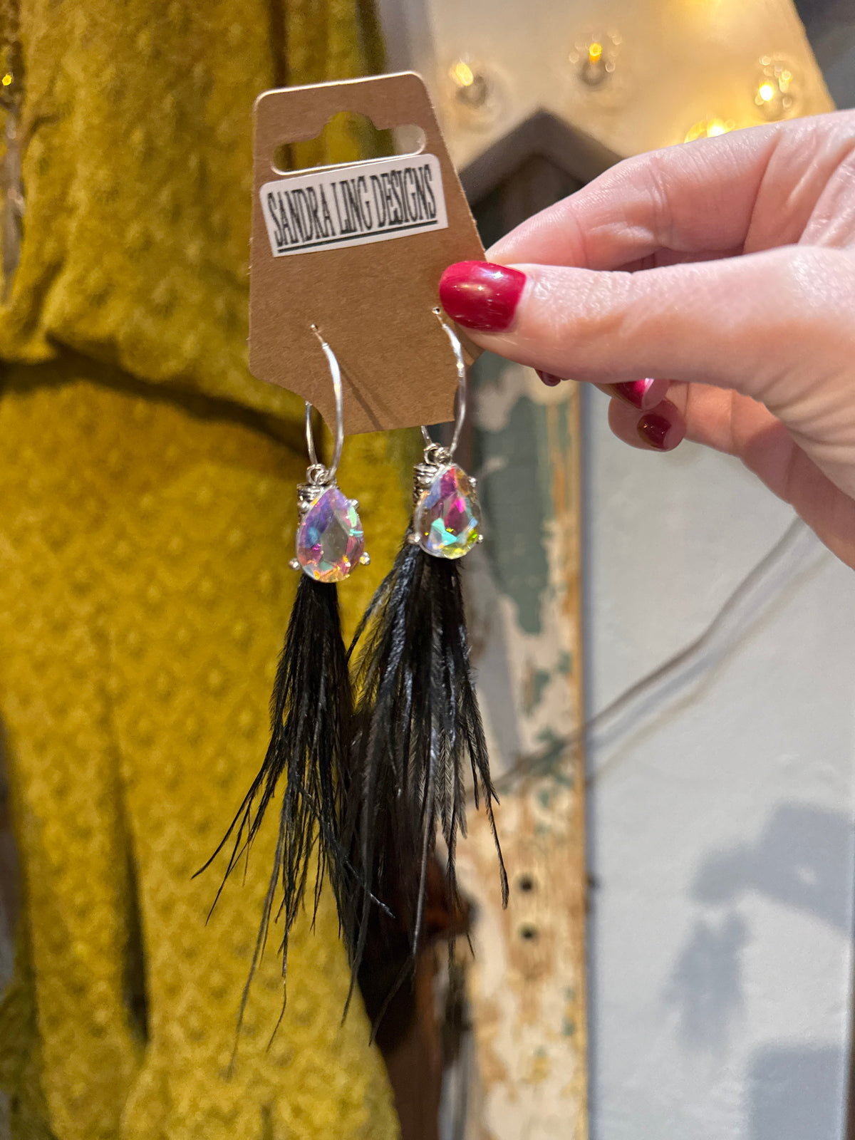 Sandra Ling Black Feather & AB Crystal Earrings