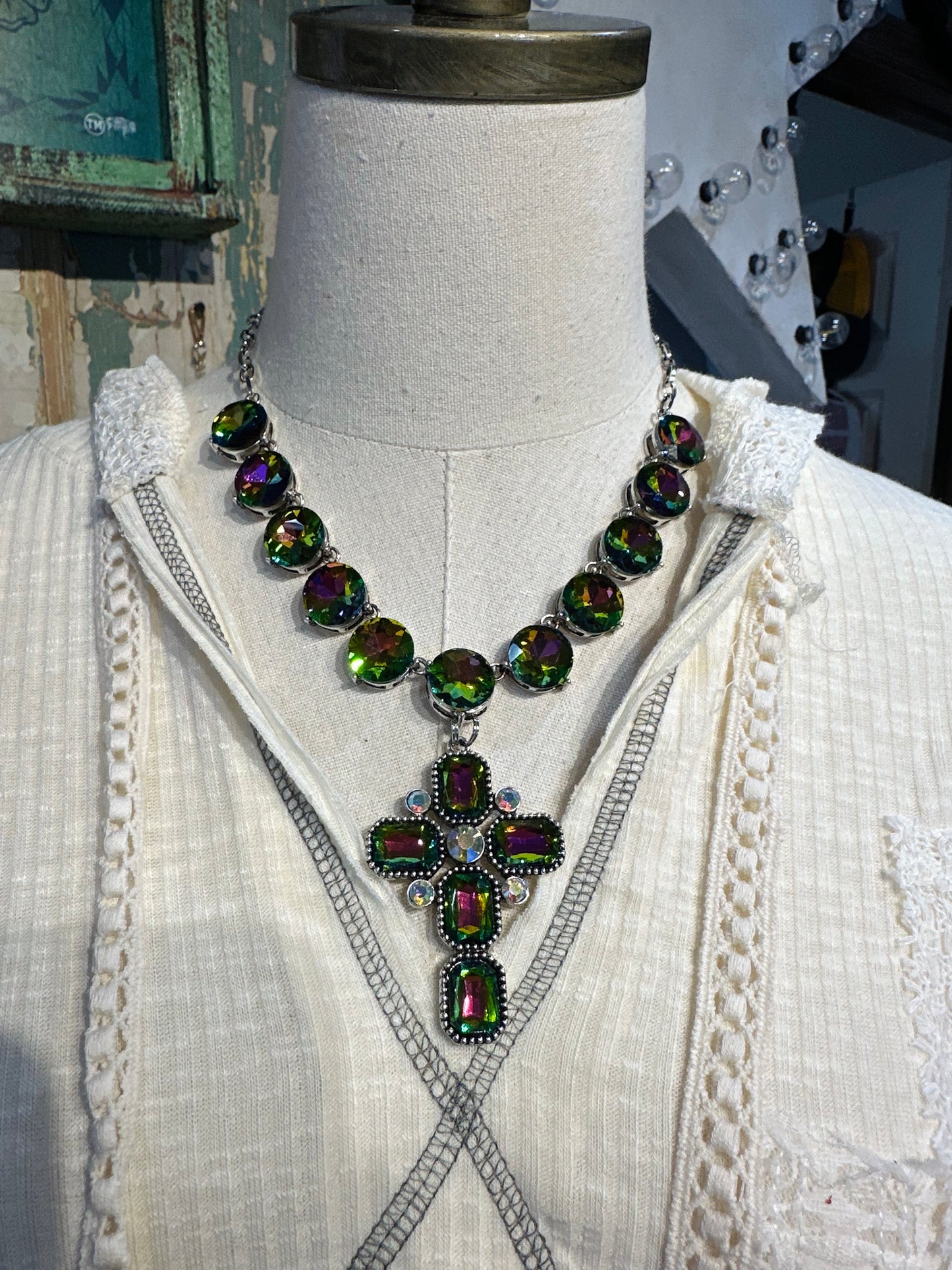 Large Volcano Crystal Cross Necklace