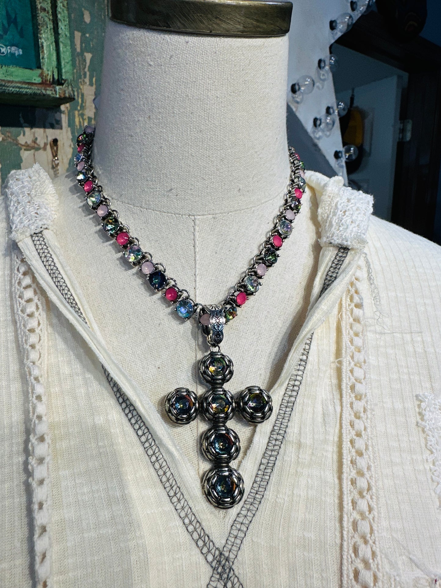 Multicolor Volcano Crystal Cross Necklace