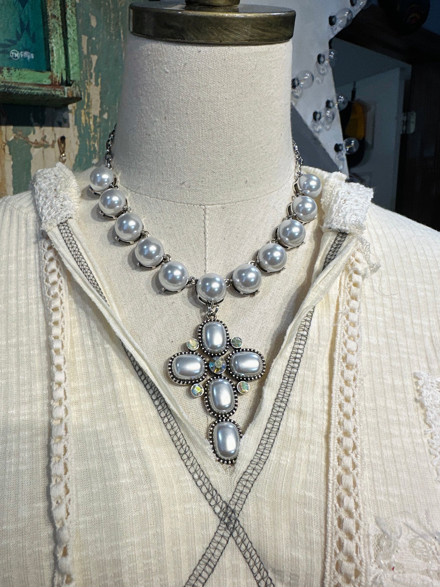 Large Inspired Pearl Cross Necklace