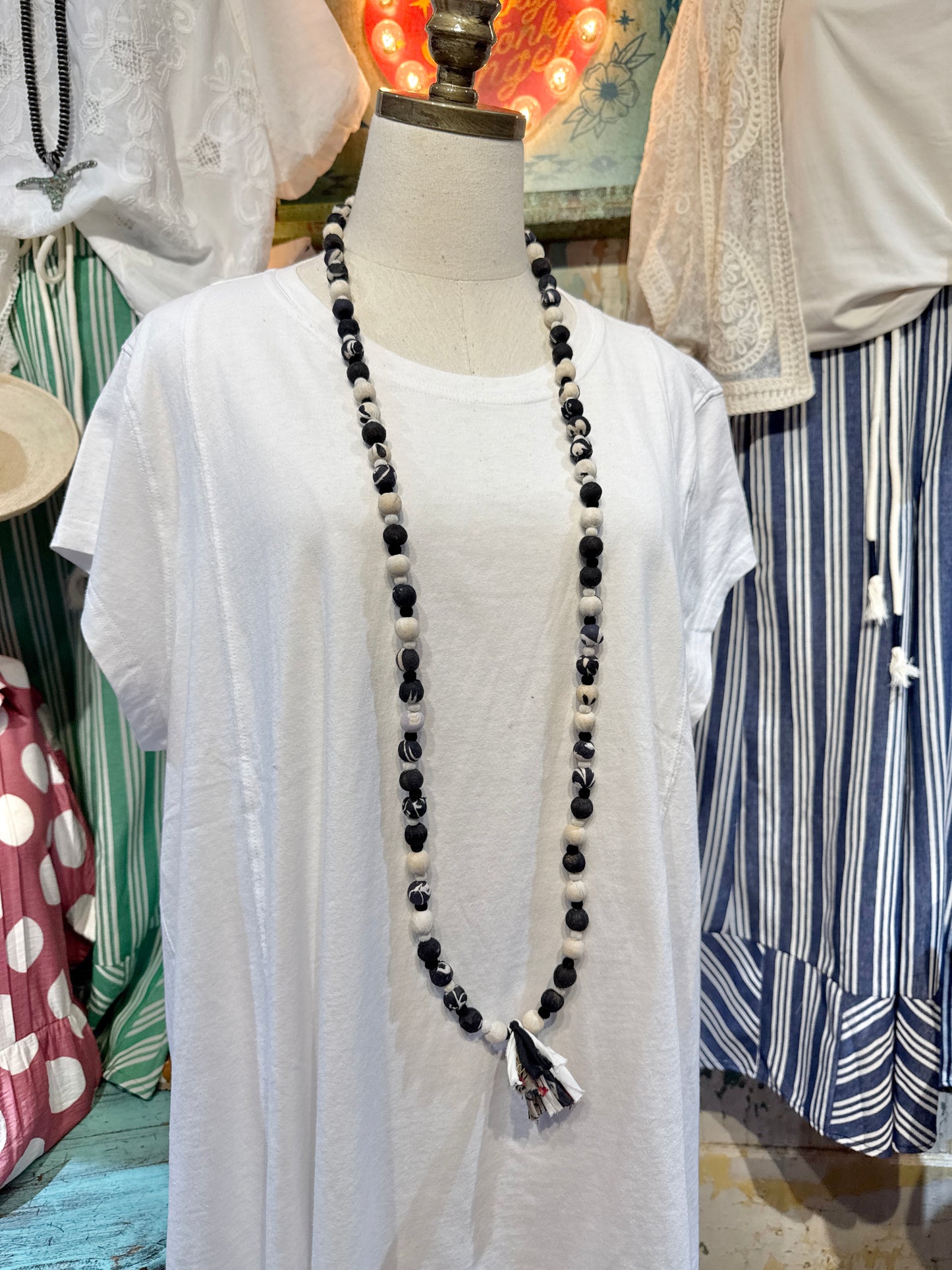 Wood Bead Fabric Tassel Necklace