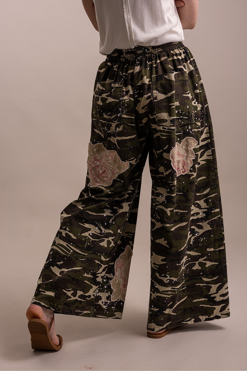 Blue Velvet Camo Print Flower Wide Leg Pants