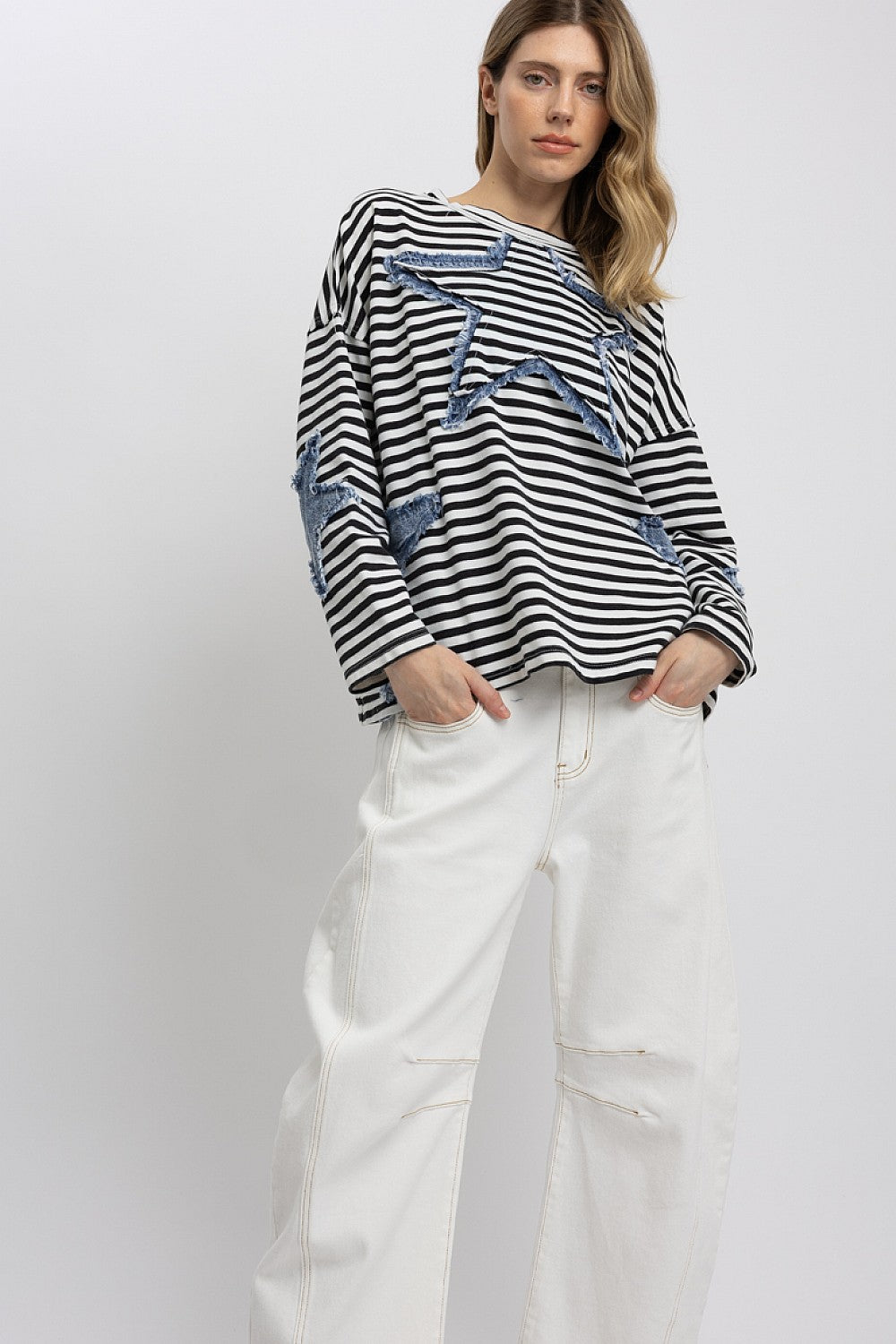Blue Velvet Black and White Stripe Star Denim Patchwork