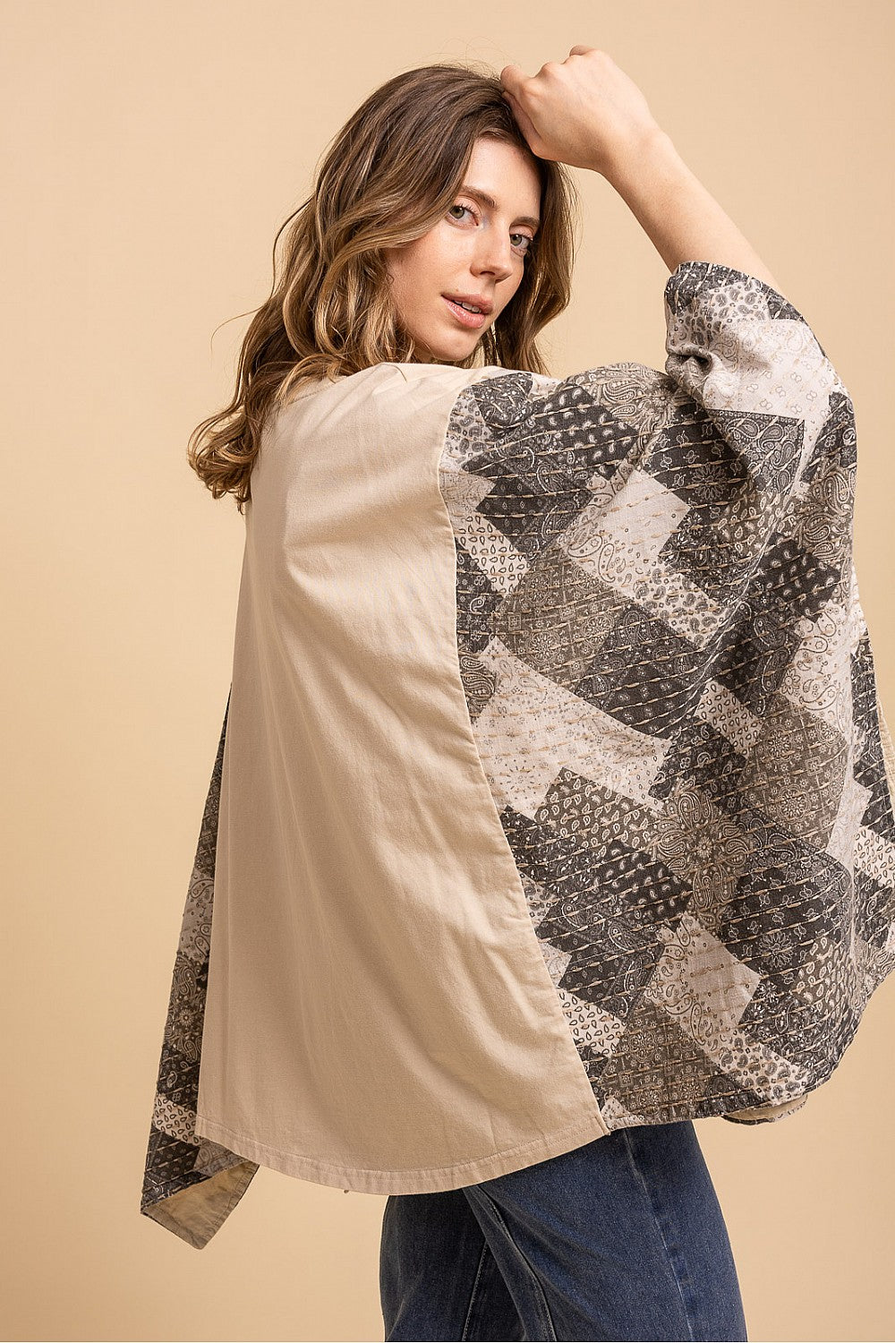 Blue Velvet Native American Print Quilted Sleeve Poncho Top