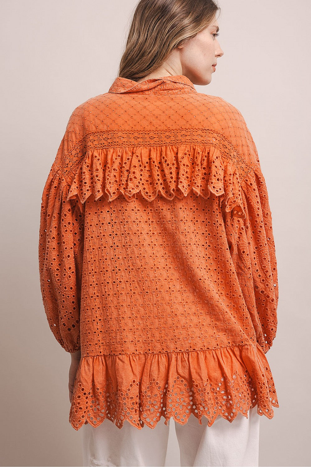 BlueVelvet Coral Eyelet Ruffle Top