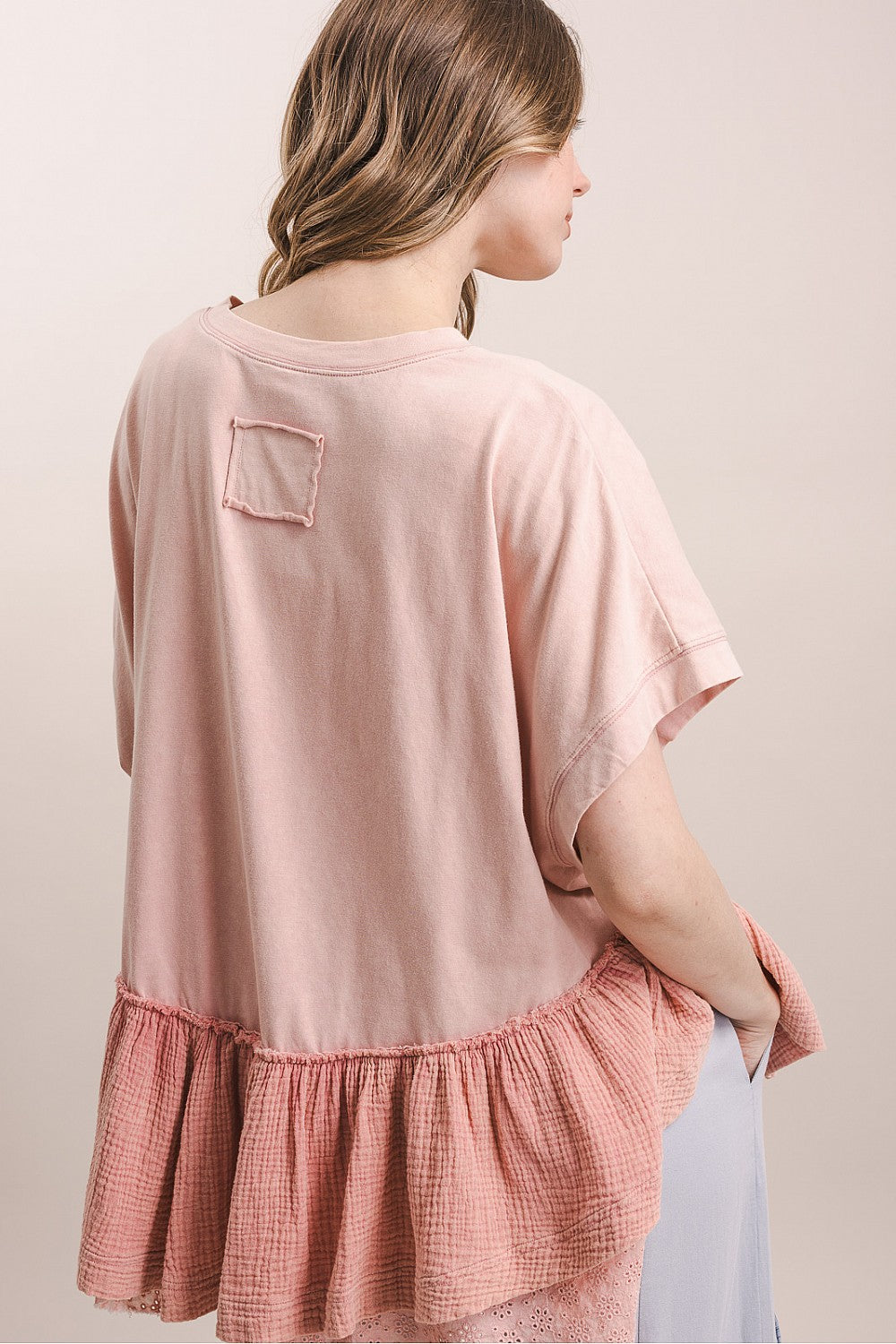 BlueVelvet Pink Short Sleeve Layered Eyelet Top