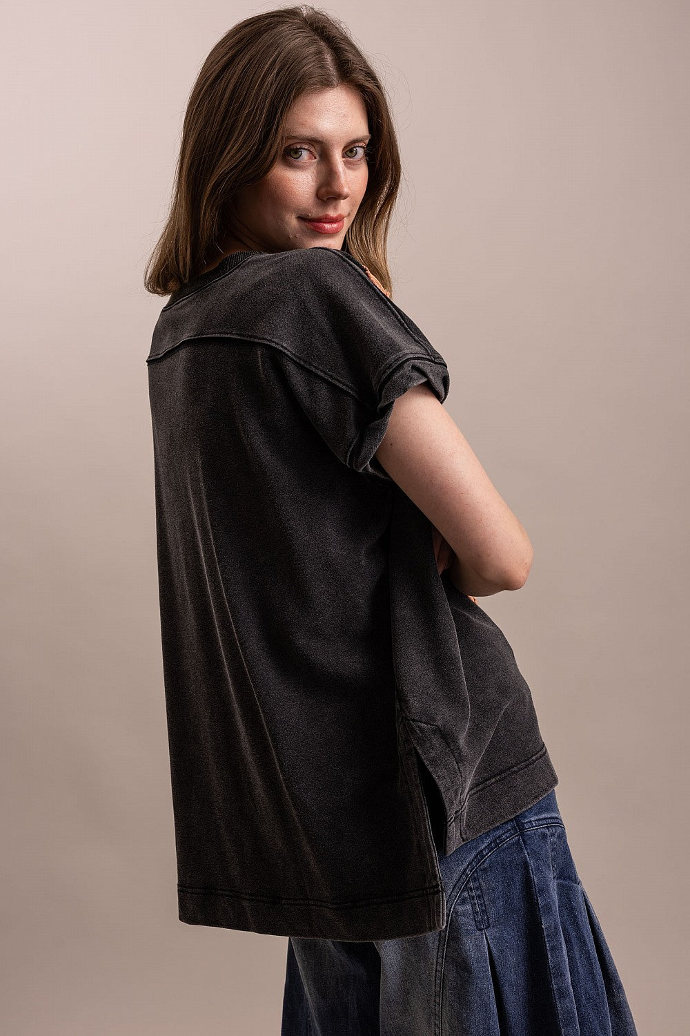 BlueVelvet Black Flower Patch Top