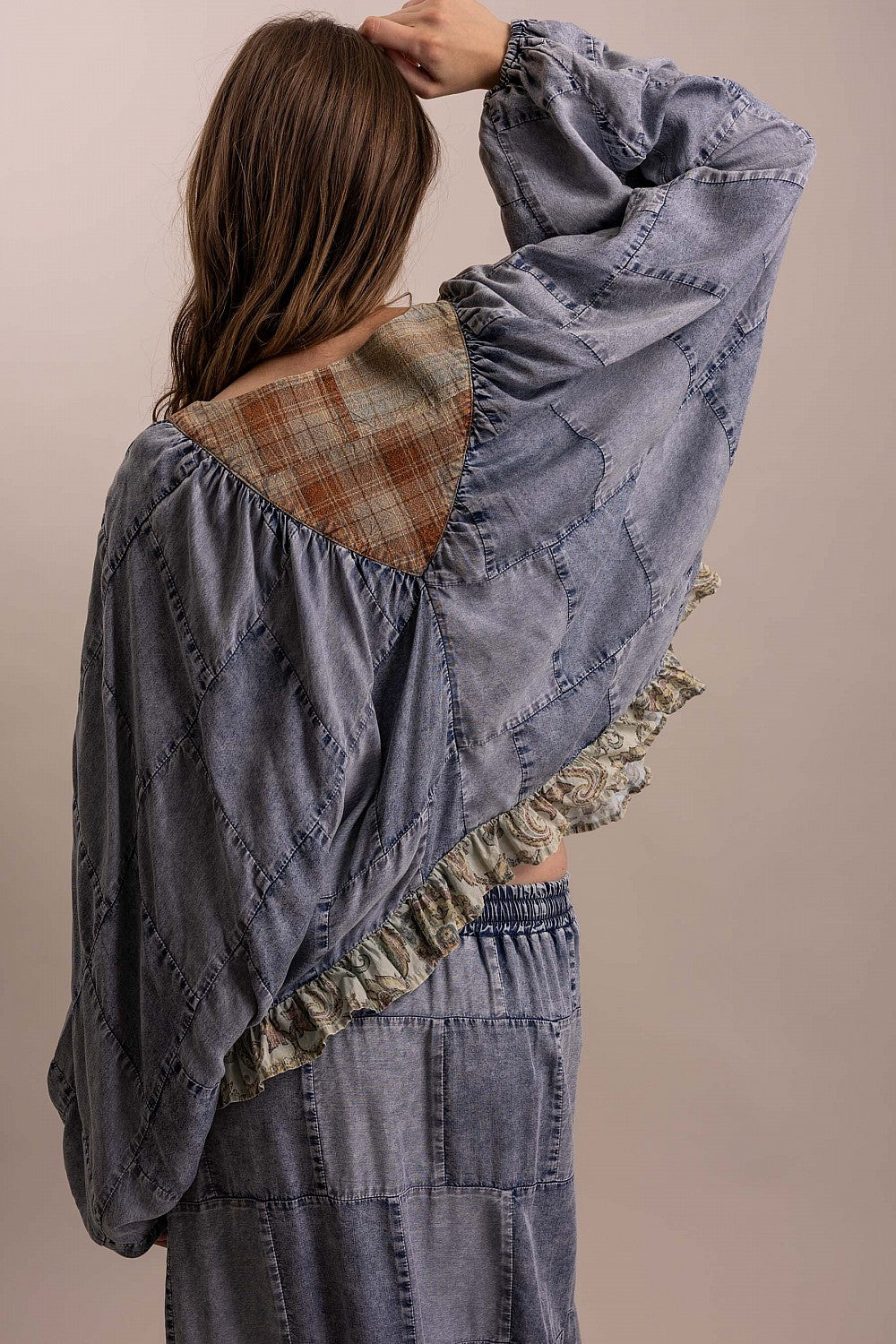 BlueVelvet Denim Plaid Ruffle Hem Top