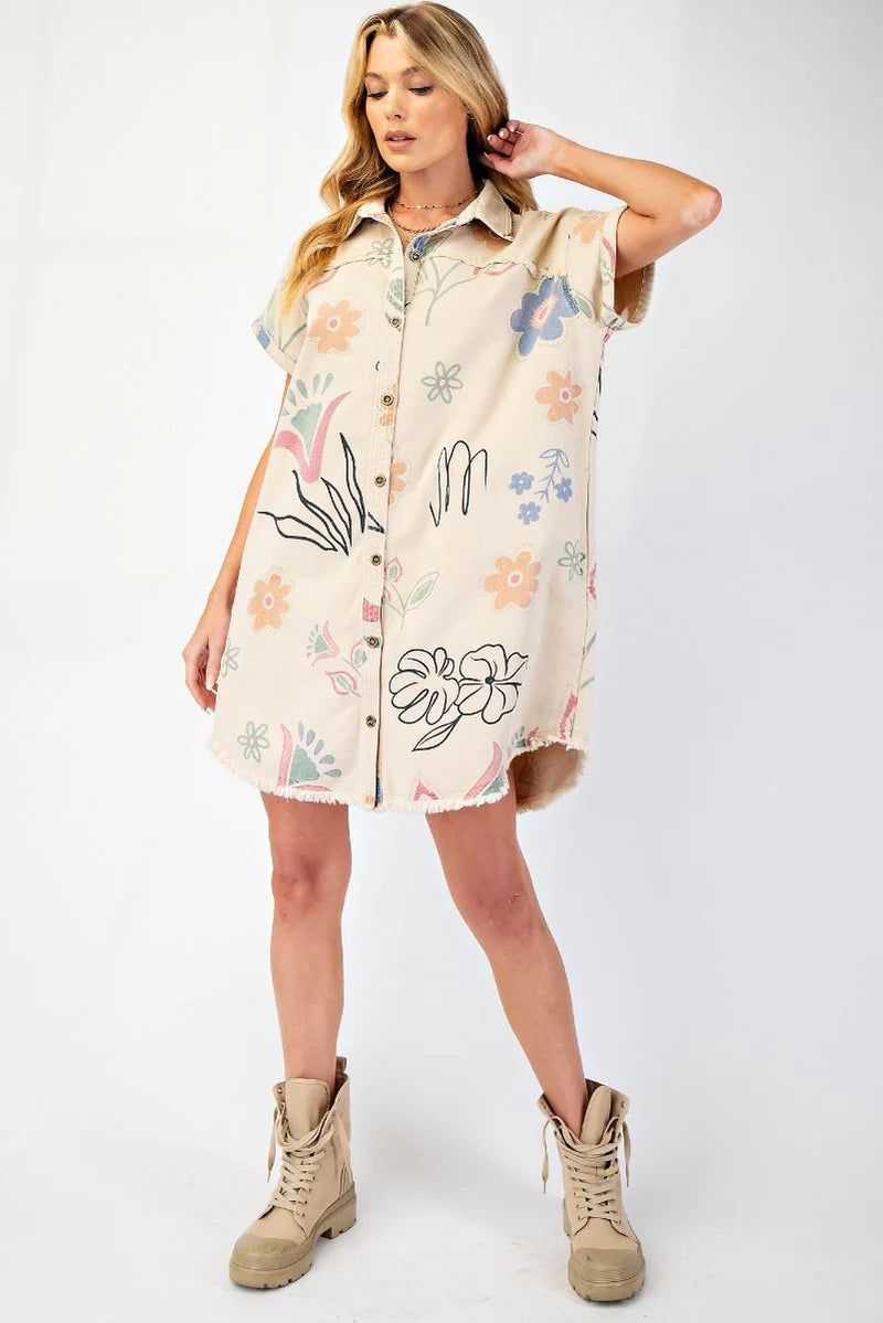 Easel Washed Print Shirt Dress Khaki
