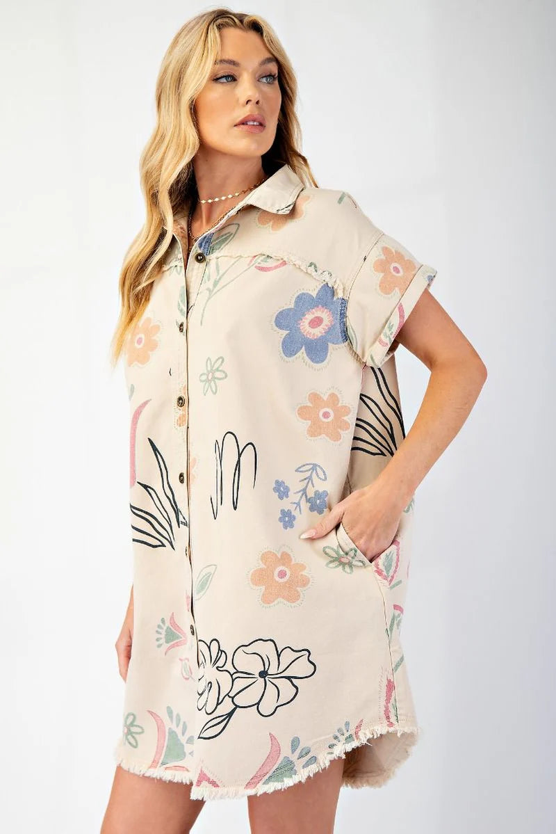 Easel Washed Print Shirt Dress Khaki