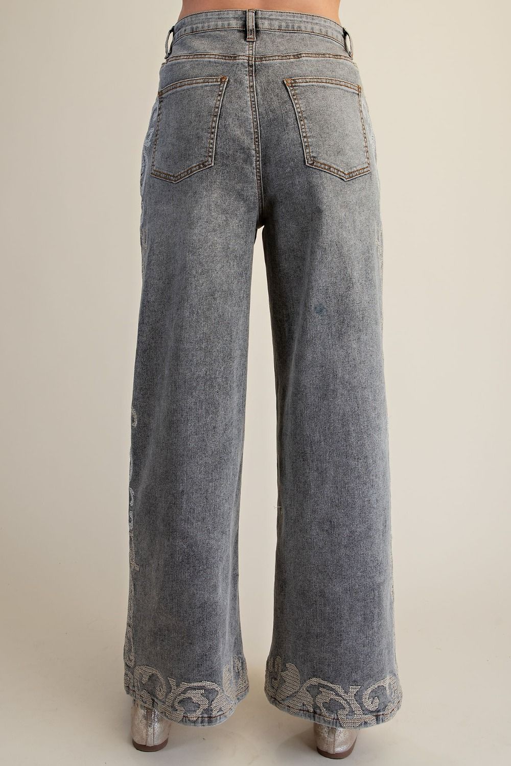 Easel Ash Denim Scroll Embroidered Denim Pants