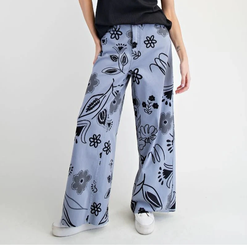Easel Floral Printed Wide Pants Blue Grey