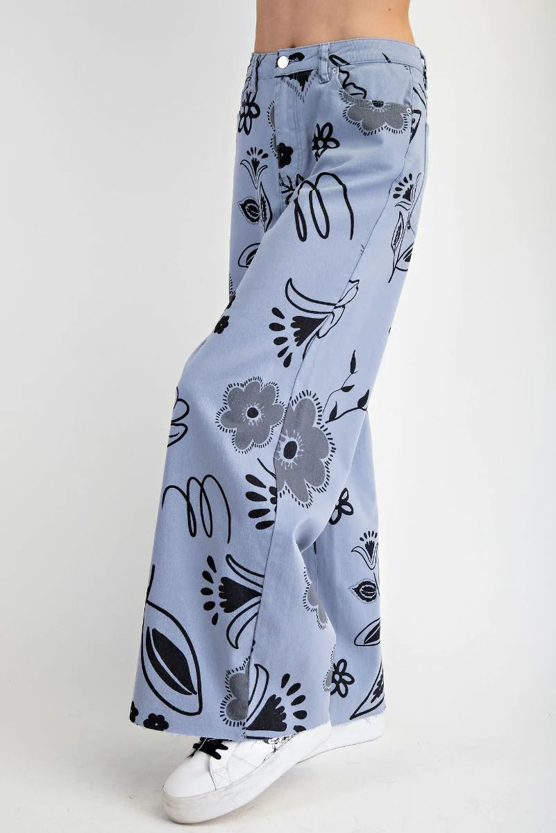 Easel Floral Printed Wide Pants Blue Grey