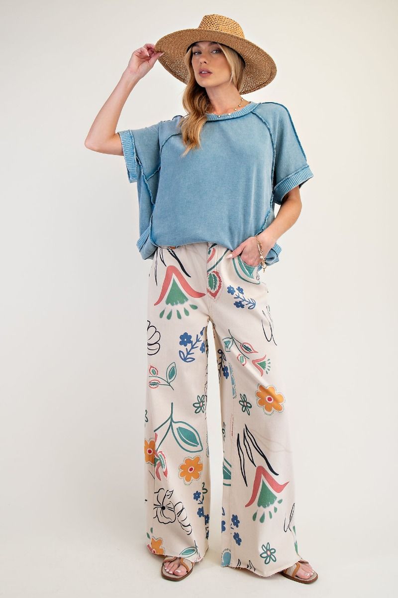 Easel Floral Printed Wide Pants Natural
