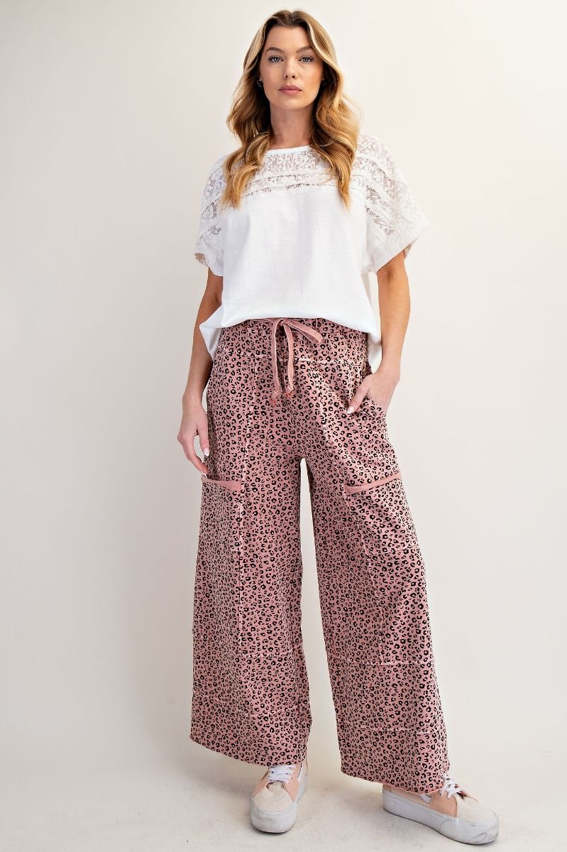 Easel Animal Print Terry Knit Lounge Pants Antique Rose