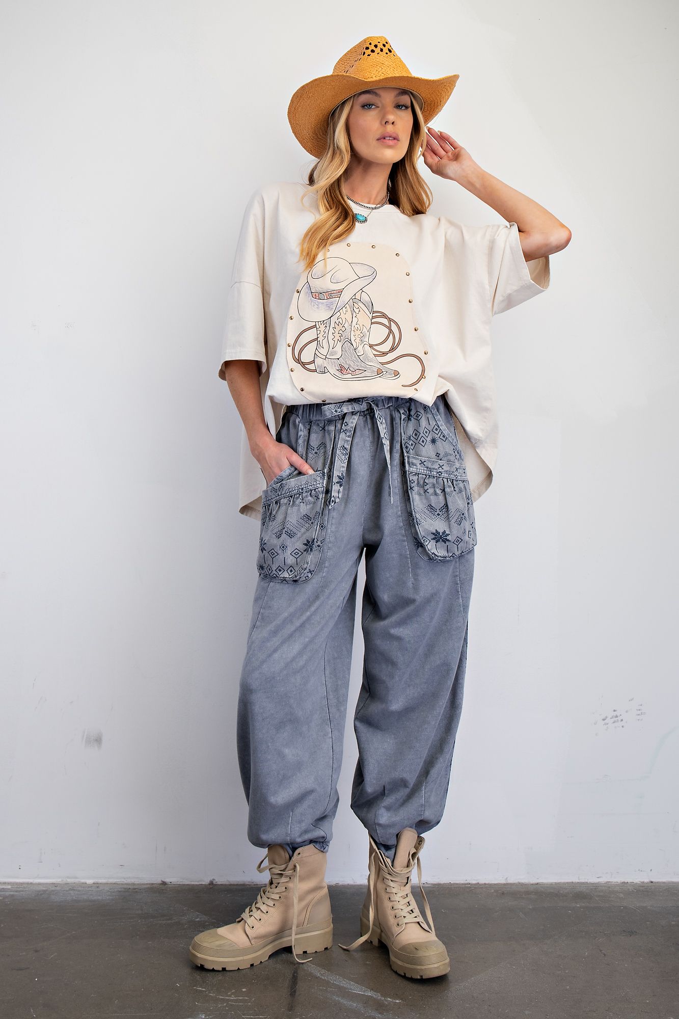 Easel Ethnic Print Barrel Pants Denim