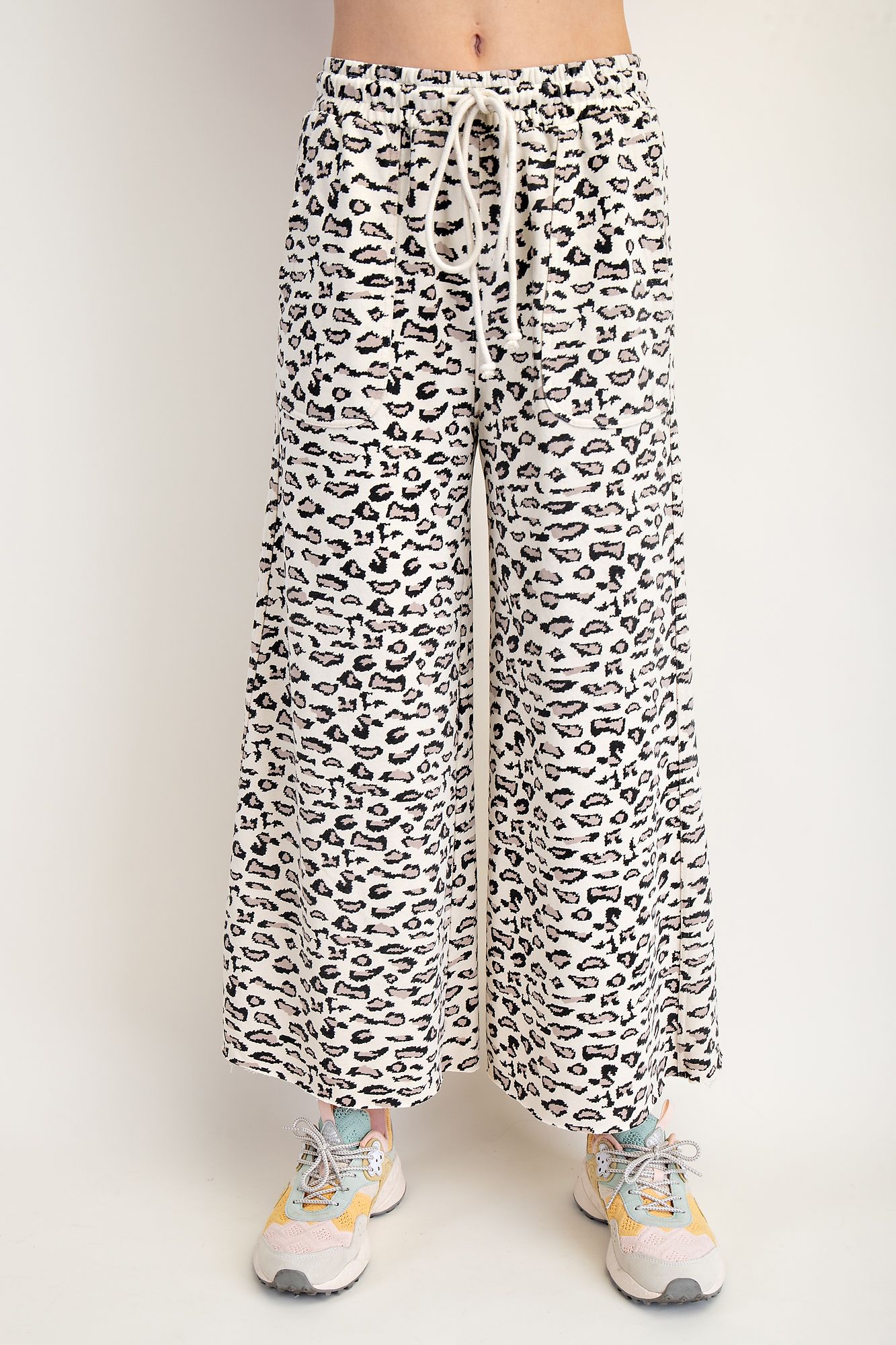 Easel Animal Print Terry Knit Pants Natural