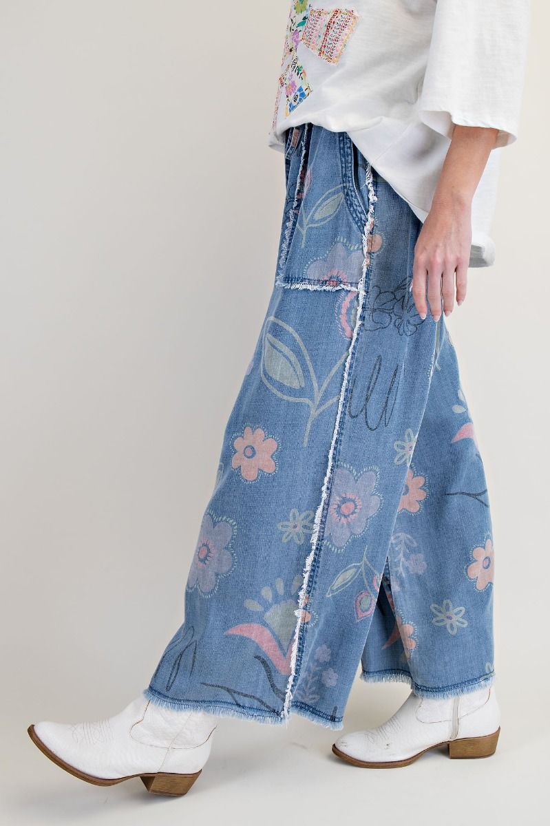 Easel Floral Print Washed Chambray Pants Light Denim