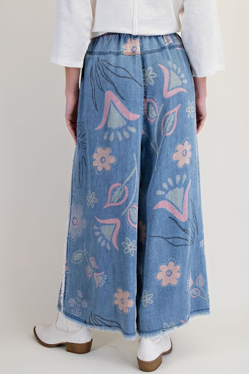 Easel Floral Print Washed Chambray Pants Light Denim
